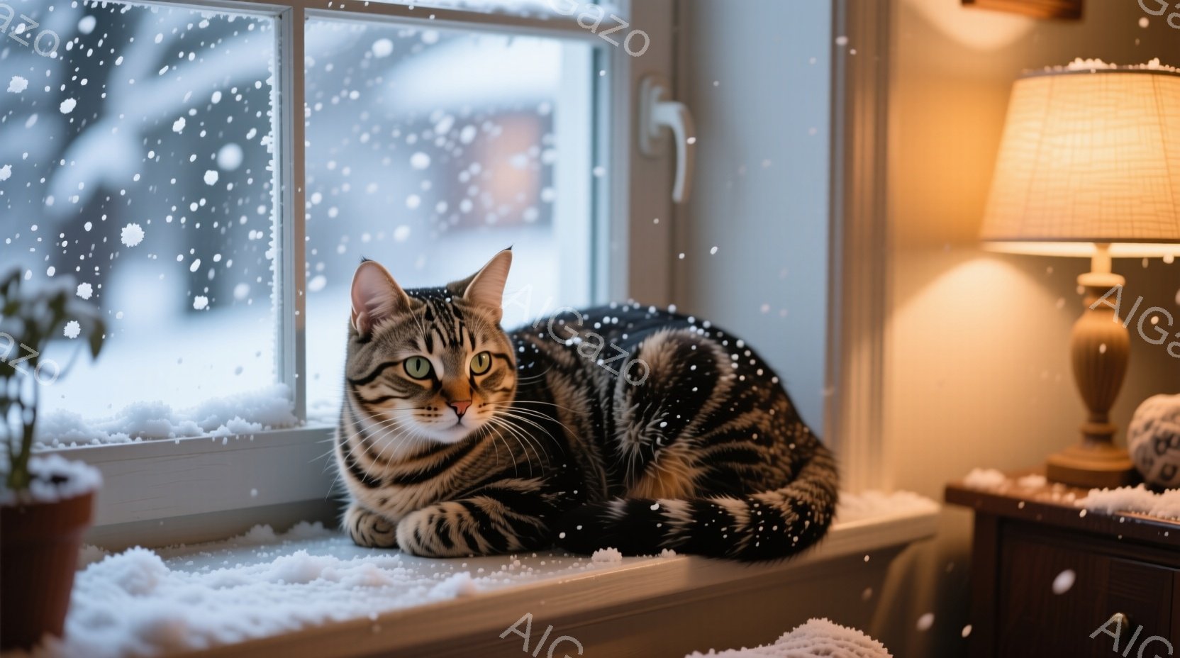 縞模様の猫が窓辺に丸まって座っており、外の雪景色を眺めている。窓枠には雪が積もり、室内のテーブルの上には柔らかな光を放つランプが置かれている。全体的に暖かく、静かで、冬の穏やかな雰囲気が漂っている。 - AI生成フリー素材