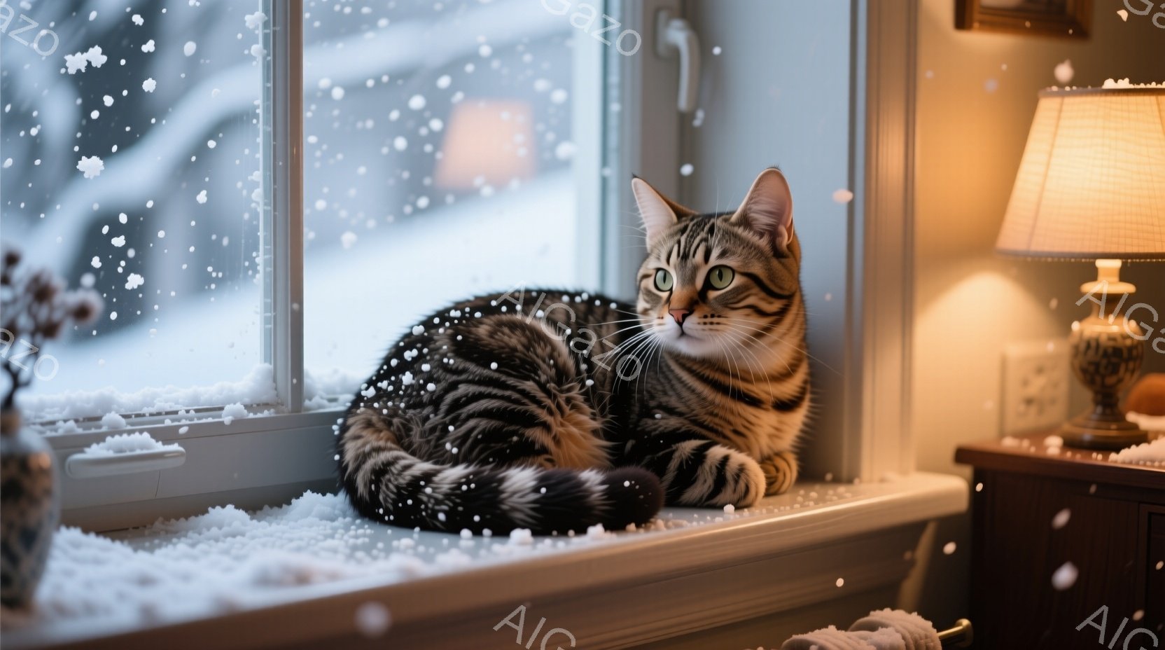茶色と黒の縞模様の猫が窓辺に座り、外の雪景色を眺めている。猫はリラックスした様子で前足を揃え、鋭い眼差しで雪が降る景色を見つめている。背景には雪景色が見え、室内にはテーブルとランプがあり、暖かい雰囲気 - AI生成フリー素材