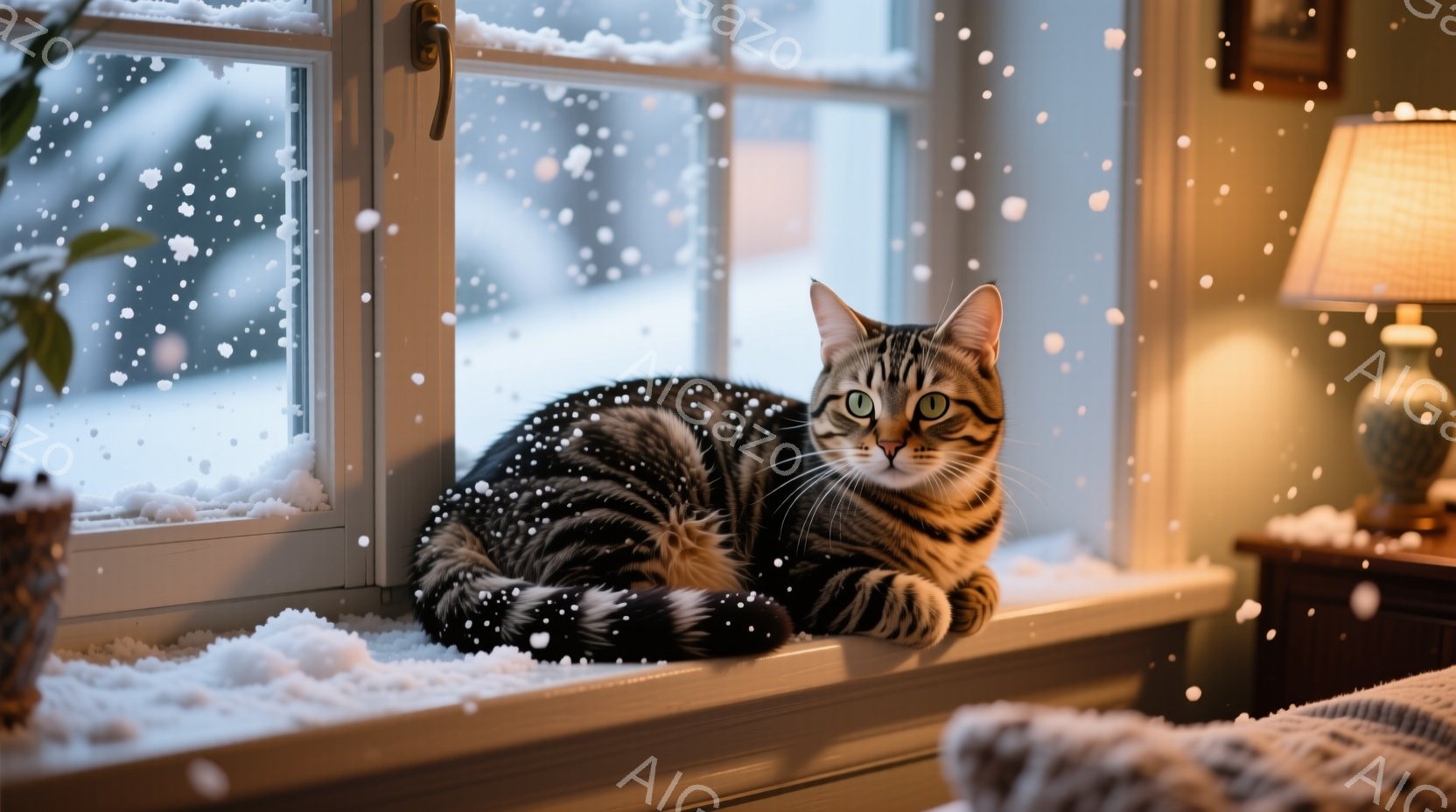 白い窓枠に縞模様の猫が丸まって座っており、外は雪が降っています。猫は落ち着いた表情で、室内からの暖かな光が猫の毛並みを照らし出しています。背景には家具や植物が見え、冬の静かで穏やかな雰囲気が漂っていま - AI生成フリー素材
