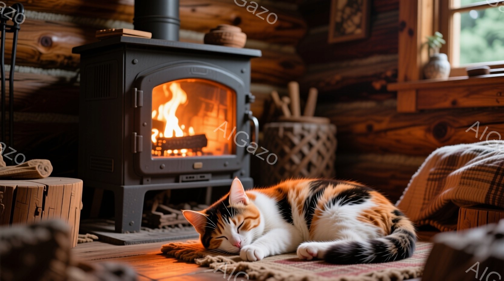 暖炉のそばで三毛猫が丸くなって眠っています。背景は木の壁で、素朴な雰囲気の室内には薪が積まれたラックや木の箱が見えます。暖炉の炎の光が猫を照らし、リラックスした穏やかな雰囲気を醸し出しています。 - AI生成フリー素材