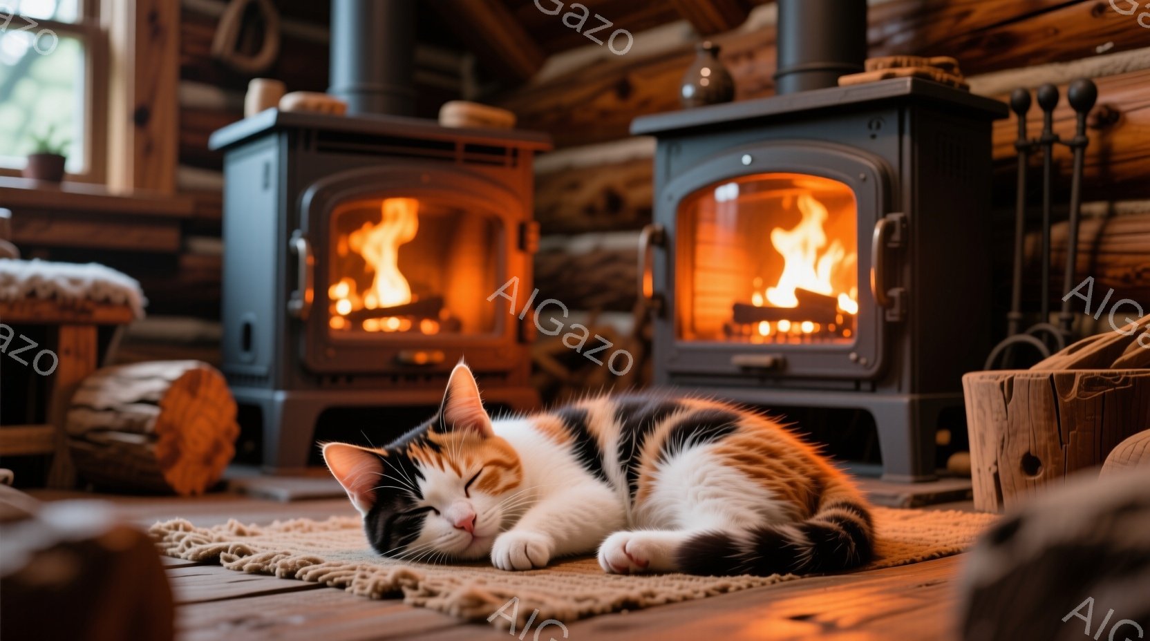 温かい暖炉の前で、三毛猫が丸くなって眠っています。猫は茶色と白の斑点模様で、小さな顎が可愛らしいです。木製の床と壁、そして暖炉の炎が、暖かく居心地の良い雰囲気を醸し出しています。 - AI生成フリー素材