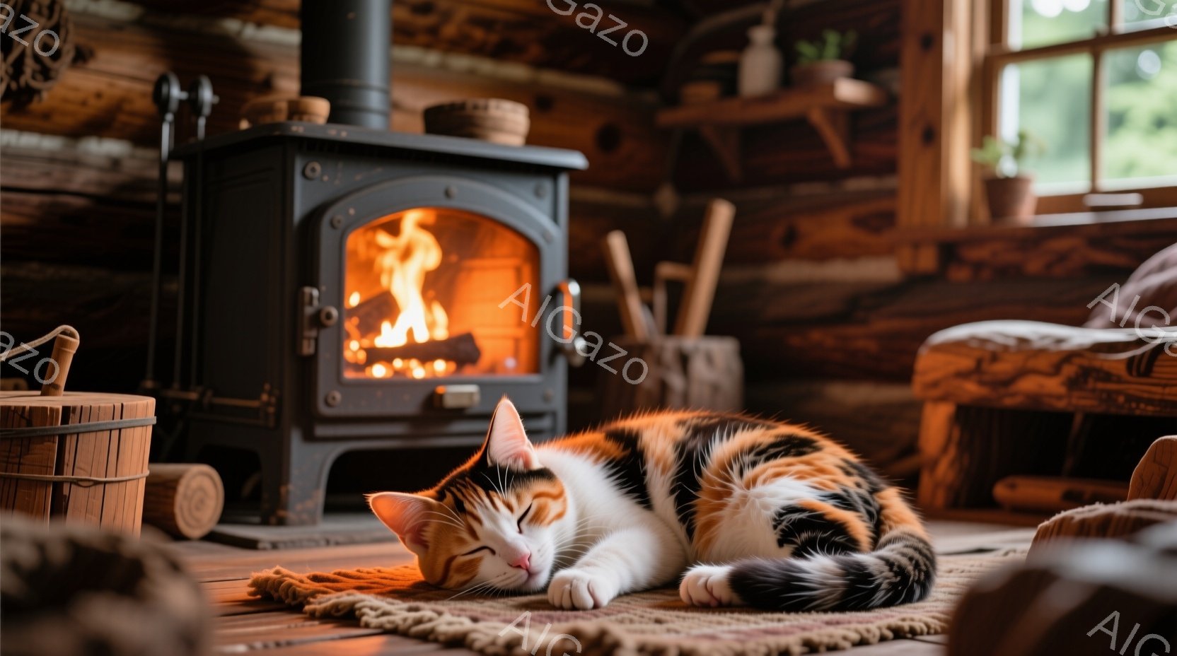 温室のような木製の壁に囲まれた室内で、三毛猫が手編みの敷物の上で丸まって眠っています。暖炉からは炎が燃え盛り、室内全体を暖かく照らし出しています。背景には薪が積まれ、窓からは自然光が差し込み、穏やかでリラックスした雰囲気を醸し出しています。