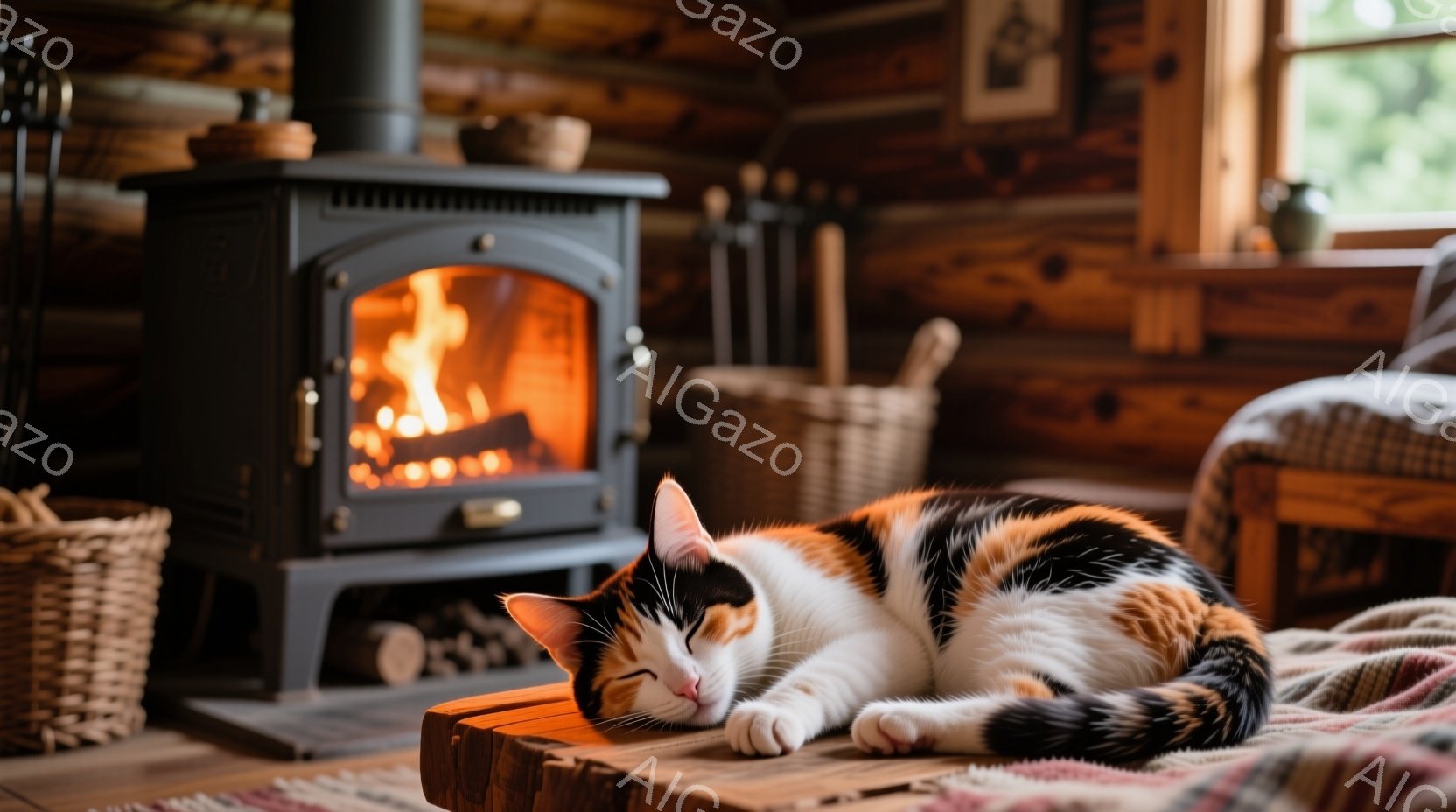 暖炉のそばで、白とオレンジ色のまだら模様の猫が穏やかに眠っています。猫は体を丸めて、小さな足先を顔の近くに寄せ、リラックスした表情をしています。背景には木の壁と、薪と道具が置かれた場所があり、温かく居心地の良い空間を演出しています。