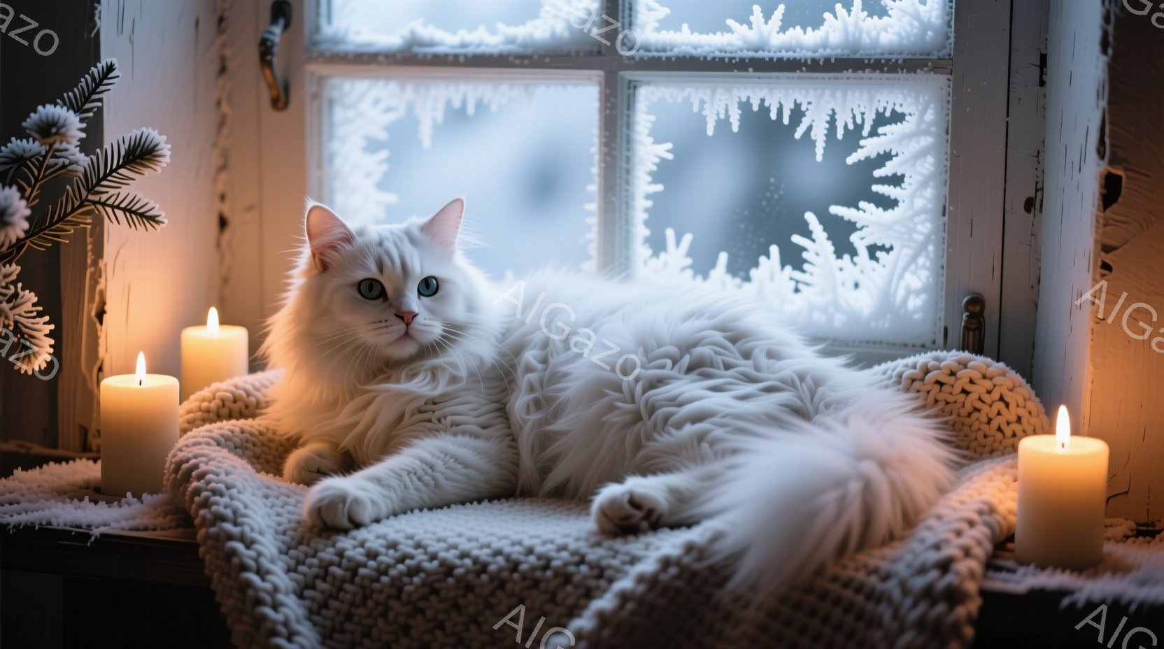 白いふわふわの猫が、窓辺の白い編み物のクッションの上でゆったりと横たわっています。窓の外は雪景色で、霜が窓ガラスに美しい模様を描き、キャンドルの灯りが猫を優しく照らしています。全体的に暖かく、冬の静か - AI生成フリー素材