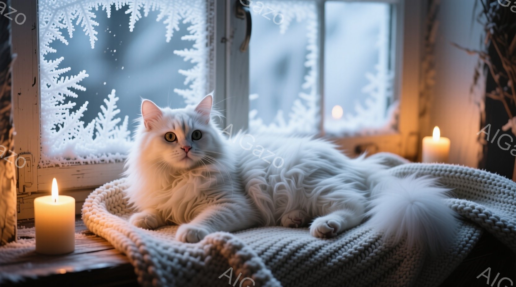 白い毛並みの長毛猫が、窓辺の白い編み物のブランケットの上に横たわっている。背景には雪模様の窓と、ぼんやりとした冬景色が見え、近くには灯されたキャンドルが暖かく照らしている。全体的に、静かで温かく、冬の - AI生成フリー素材