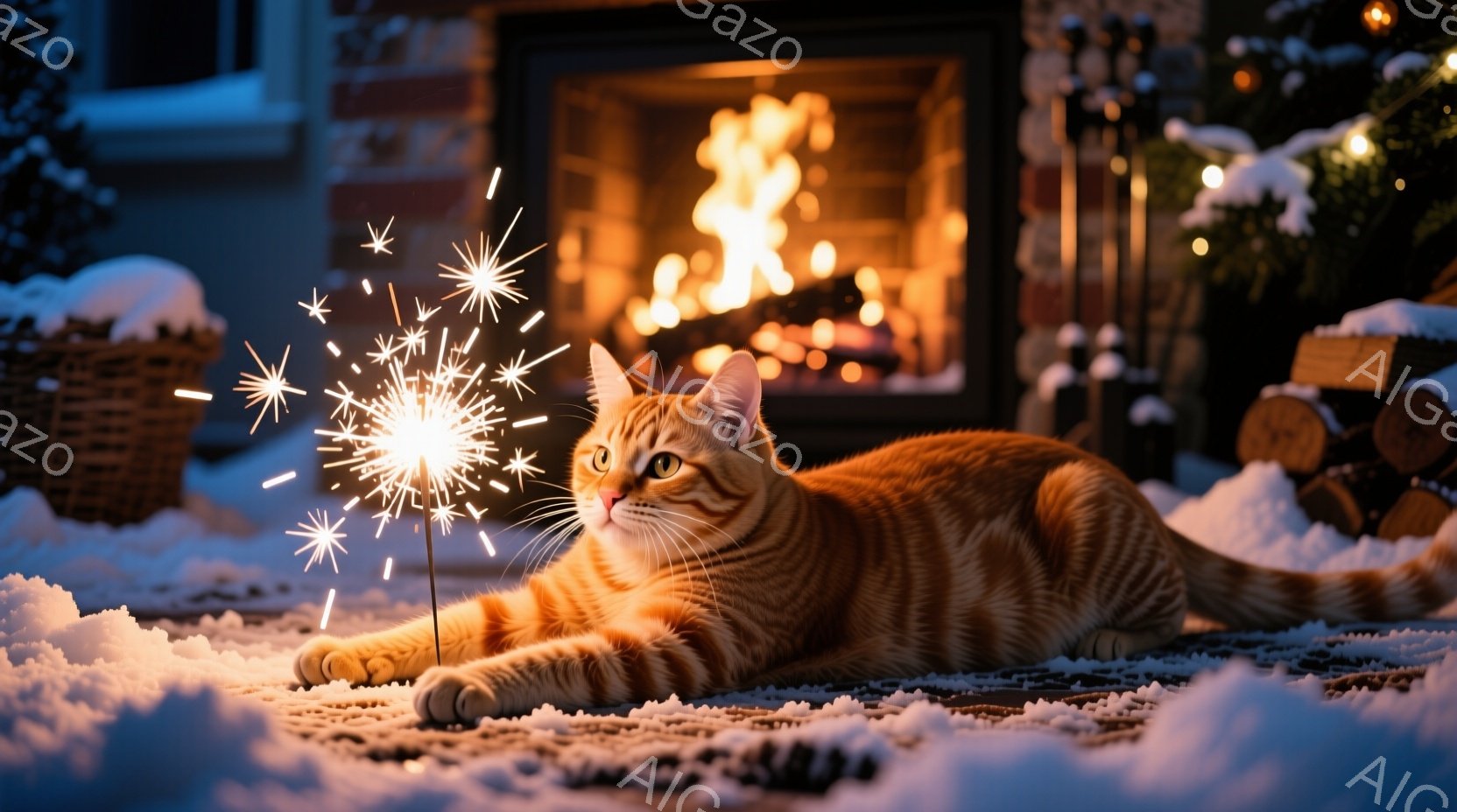 縞模様のオレンジ色の猫が雪の上に横たわり、片方の前足で花火棒を持っている。背景には暖炉があり、炎が燃え盛っているのが見える。雪が積もり、クリスマスの飾り付けが施された暖かく、お祝いムードの漂う冬の光景 - AI生成フリー素材