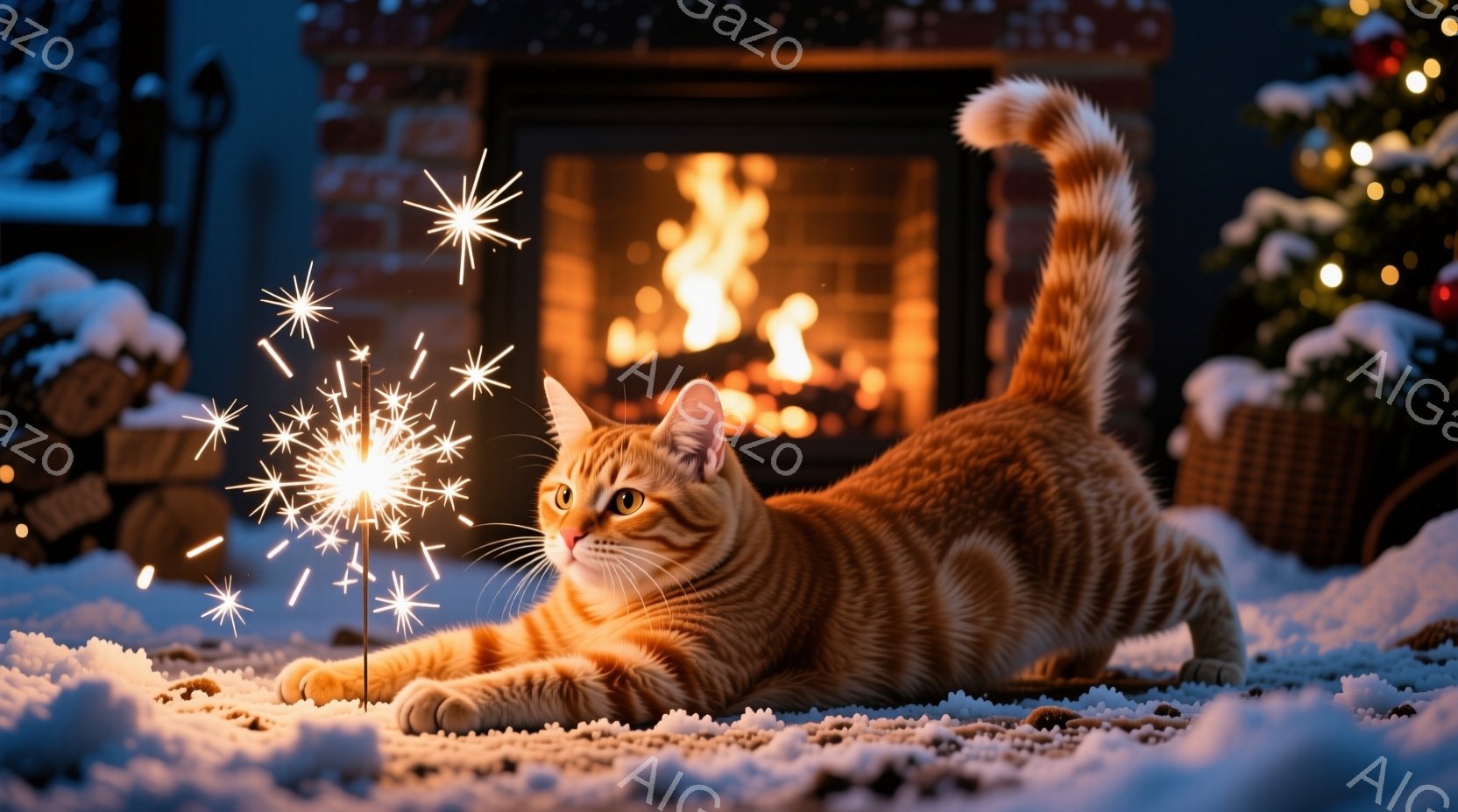 オレンジ色の毛並みの猫が、雪の積もった床の上で、火花を散らす棒のようなものを前にして横たわっています。背中は大きく丸まり、興味深げな表情で火花を見つめています。背景には暖炉があり、炎が燃え盛っていて、クリスマスツリーが飾られていることから、冬の暖かい室内であることがわかります。