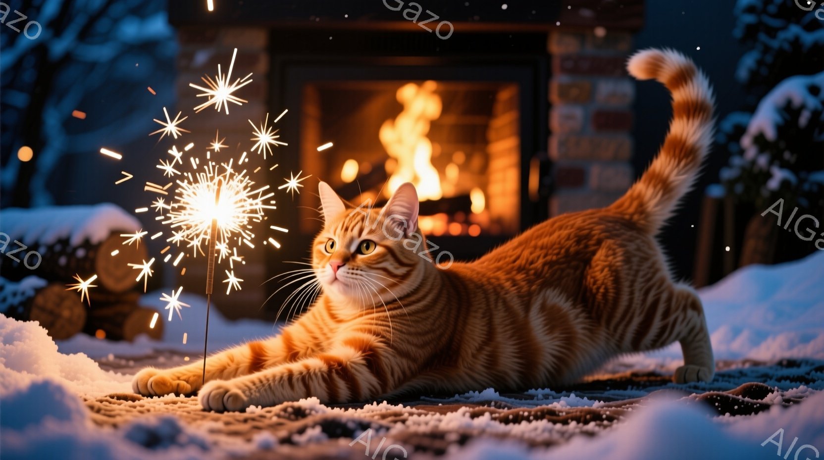 鮮やかなオレンジ色の縞模様の猫が雪景色の中で体を伸ばしています。猫は片方の前足を上げて遊び心のある表情を浮かべ、その周りには輝く花火のような光が舞っています。背景には暖炉の炎が見え、雪の積もった屋外で - AI生成フリー素材