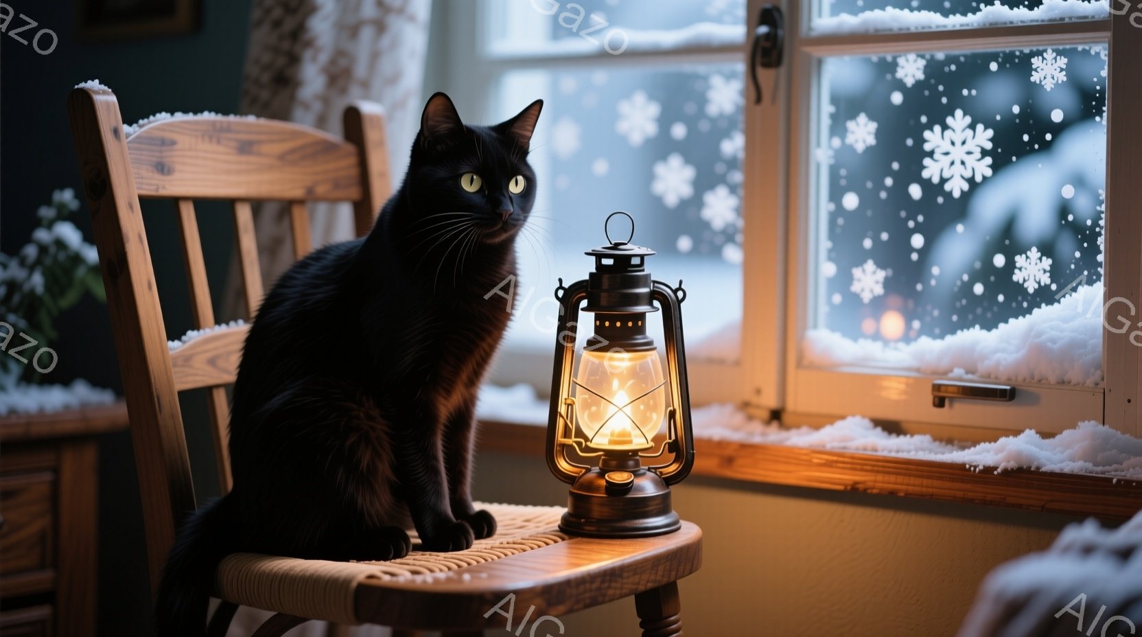 黒猫が椅子に座り、窓の外の雪景色を眺めている。窓には雪の結晶の模様が描かれており、暖かく光るランタンが猫の隣に置かれている。室内は落ち着いた色調で、冬の静寂と安らぎを感じさせる雰囲気だ。 - AI生成フリー素材