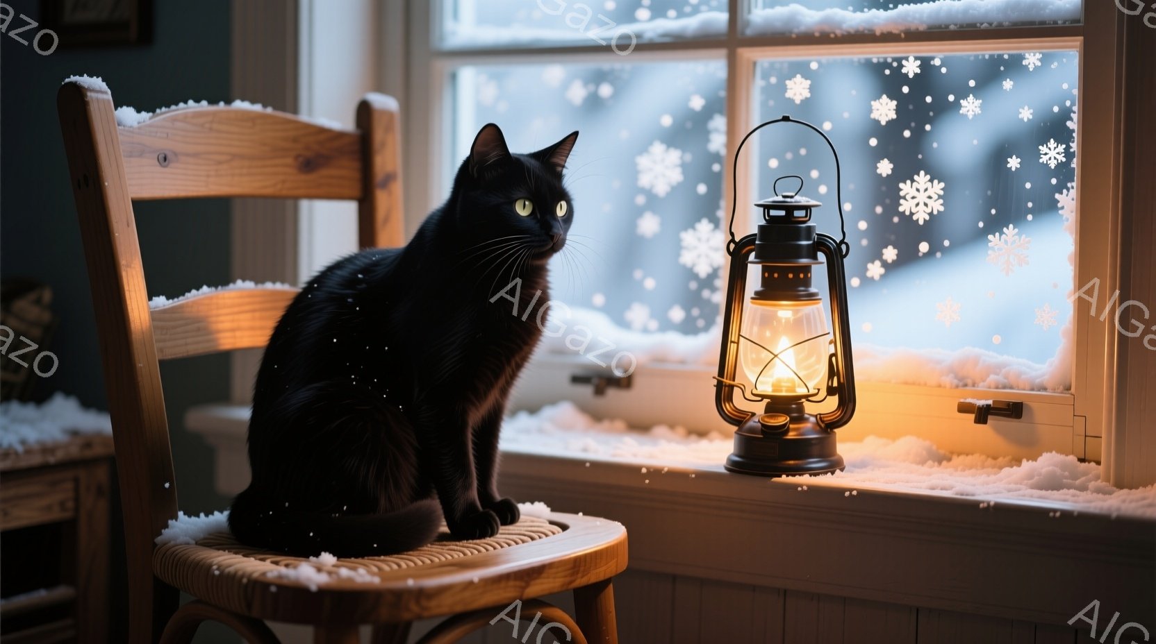 漆黒の猫が窓際の椅子に座り、どこか遠くを見つめている。窓の外は雪景色で、窓には繊細な雪の結晶のステッカーが貼られている。暖かな光を放つランタンが雪の積もった窓辺に置かれ、静かで穏やかな冬の雰囲気を醸し - AI生成フリー素材