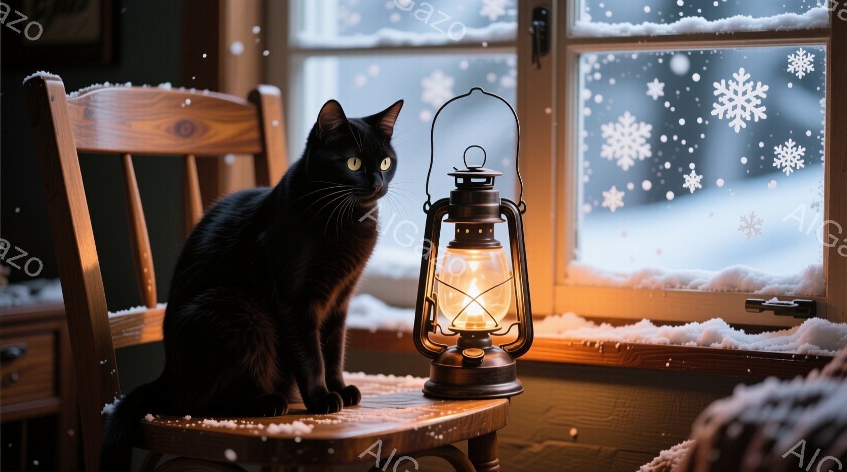 黒猫が木製の椅子に座り、窓の外の雪景色を眺めている。窓辺には灯油ランタンが置かれ、温かい光を放ち、室内は落ち着いた雰囲気で包まれている。雪が降り積もった窓の外の景色と、室内ランタンの光が、冬の静けさ、 - AI生成フリー素材
