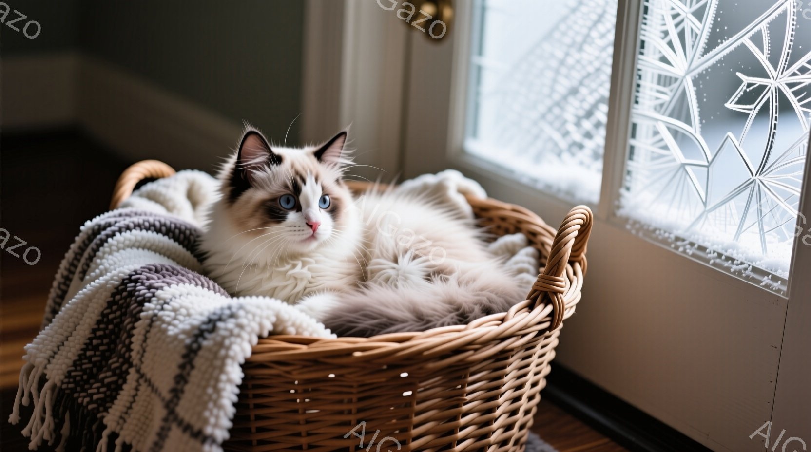 柔らかい毛並みの、クリームと茶色のまだら模様の猫が、籐編みの籠の中で丸まって眠っています。猫の目は鮮やかなブルーで、リラックスした表情をしています。籠の周りには、黒、白、茶色の暖かい織物が置かれ、背景には雪の結晶が描かれた窓と木製のドアが見えます。