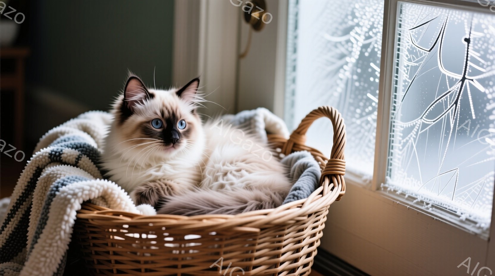 白と茶色の毛並みを持つ、美しいシャムミックスの猫が、編まれたバスケットの中に丸まって横たわっています。猫は青い目をこちらに向けており、少し眠たげで穏やかな表情をしています。背景には霜で覆われた窓があり - AI生成フリー素材