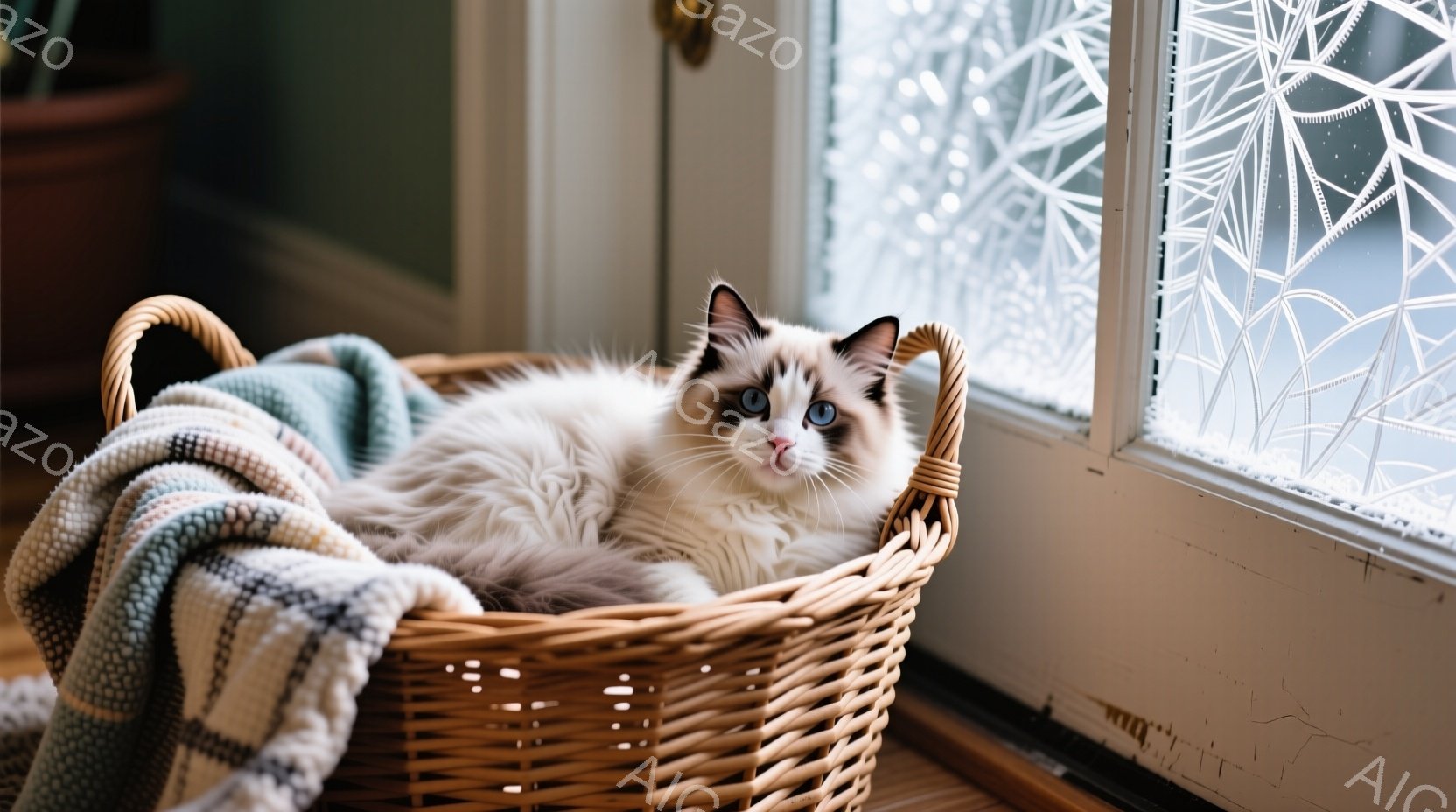 縞模様の猫が二匹、窓辺に並んで座り、互いに見つめ合っています。背景には雪に覆われた木々が見え、冬の静寂な風景が広がっています。窓枠に積もった雪が、猫たちの輪郭を際立たせ、温かい雰囲気を作り出しています - AI生成フリー素材