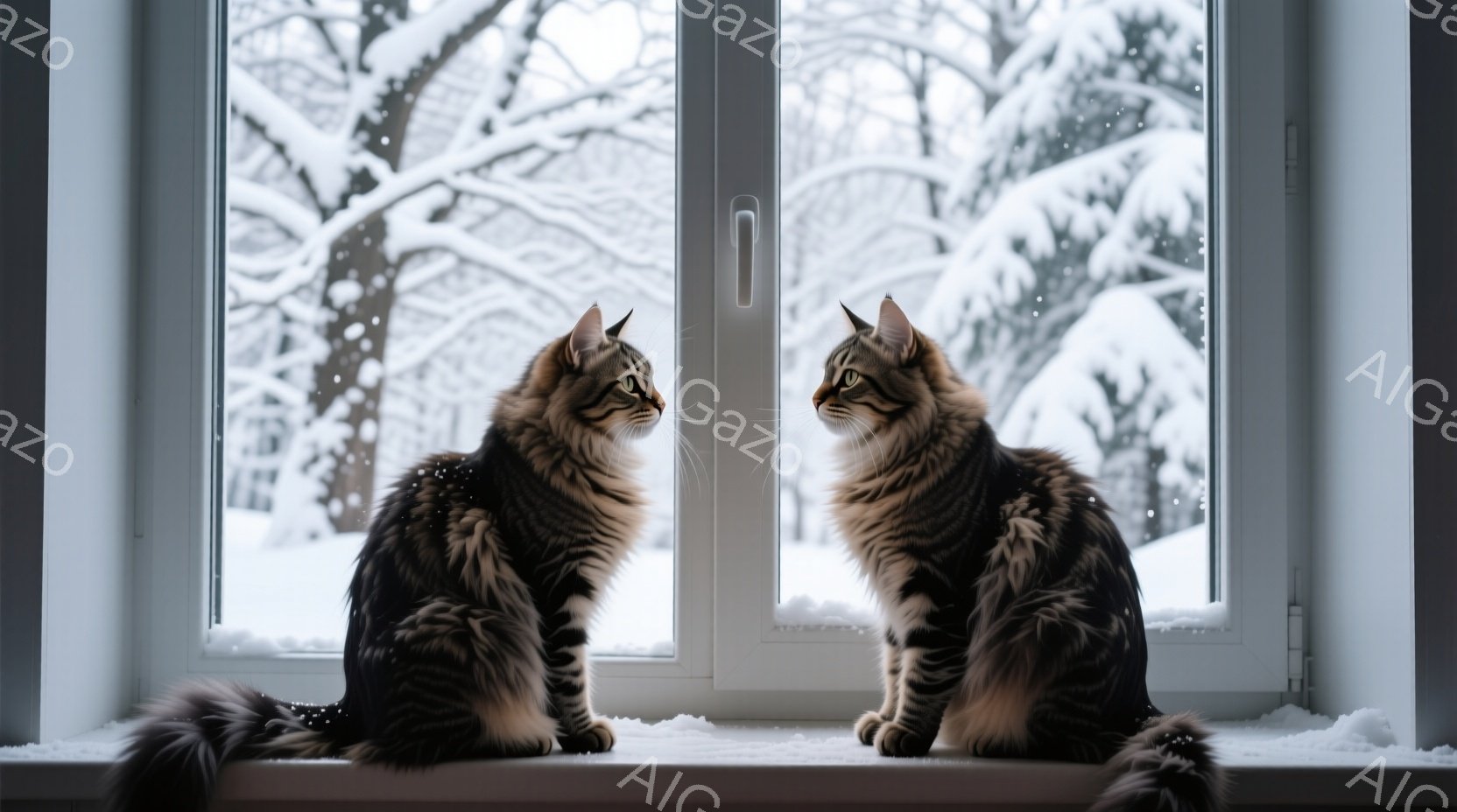 縞模様の猫が二匹、窓辺に並んで座り、互いに見つめ合っています。外は雪景色で、木々は白い雪に覆われ、冬の静寂な雰囲気を醸し出しています。猫たちは落ち着いた様子で、窓の外の景色を眺めているようにも見えます - AI生成フリー素材