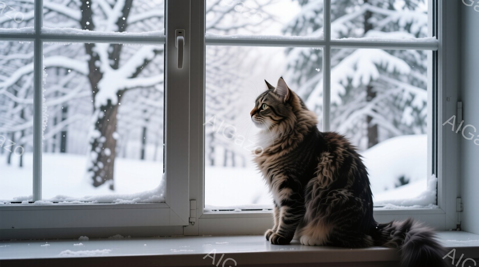 縞模様の小さな子猫が、カラフルな毛糸玉と戯れています。背景には、暖炉からの炎が灯り、木の壁と籐で編まれたバスケットが暖かく落ち着いた雰囲気を醸し出しています。毛糸玉に集中した子猫の表情は遊び心に満ちて - AI生成フリー素材