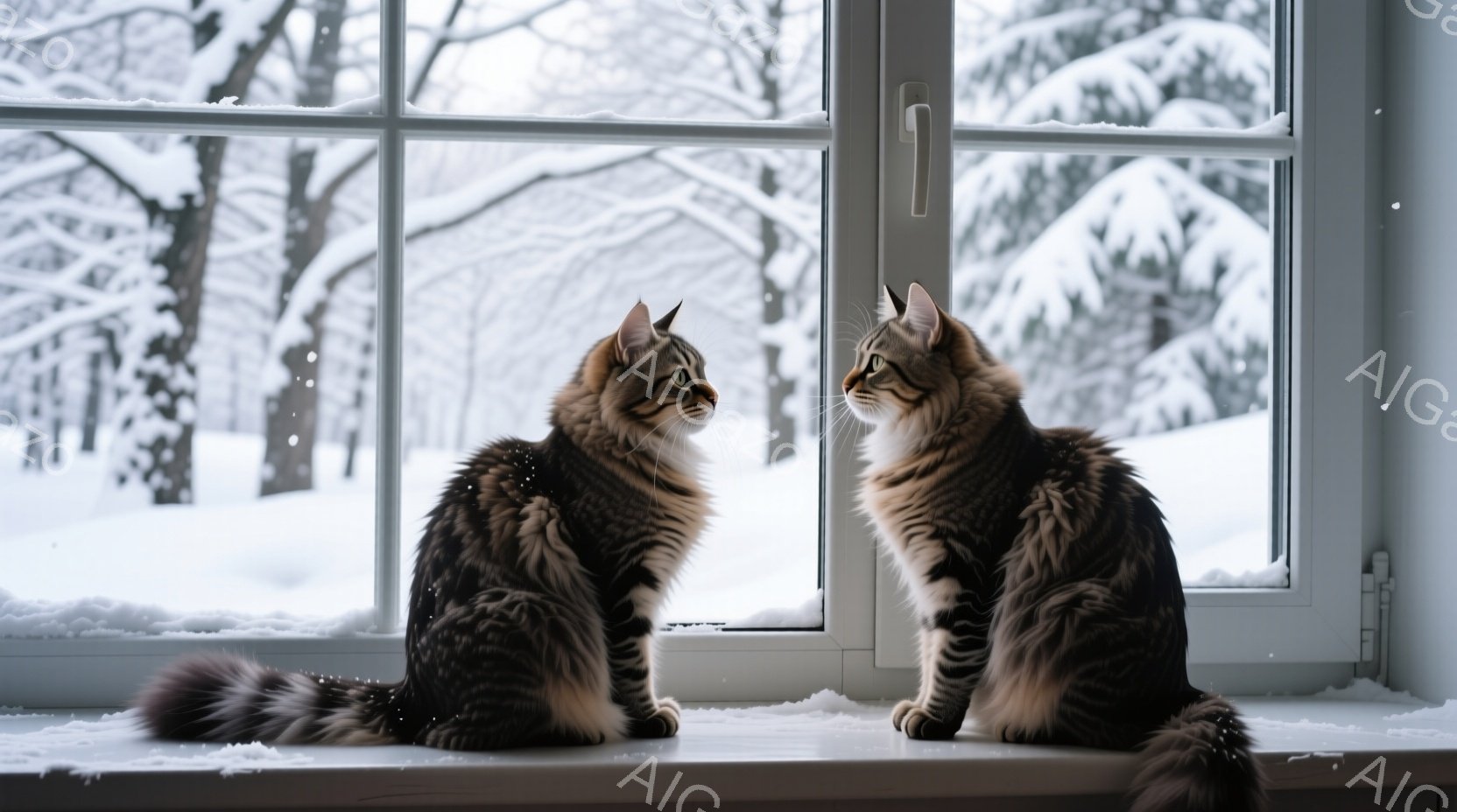 縞模様の大きな猫が二匹、窓辺に並んで座り、互いに顔を合わせている。外は雪景色で、木々は雪に覆われ、冬の静けさが漂っている。猫たちは警戒心と好奇心混じりの表情で、何かを見つめているようだ。 - AI生成フリー素材
