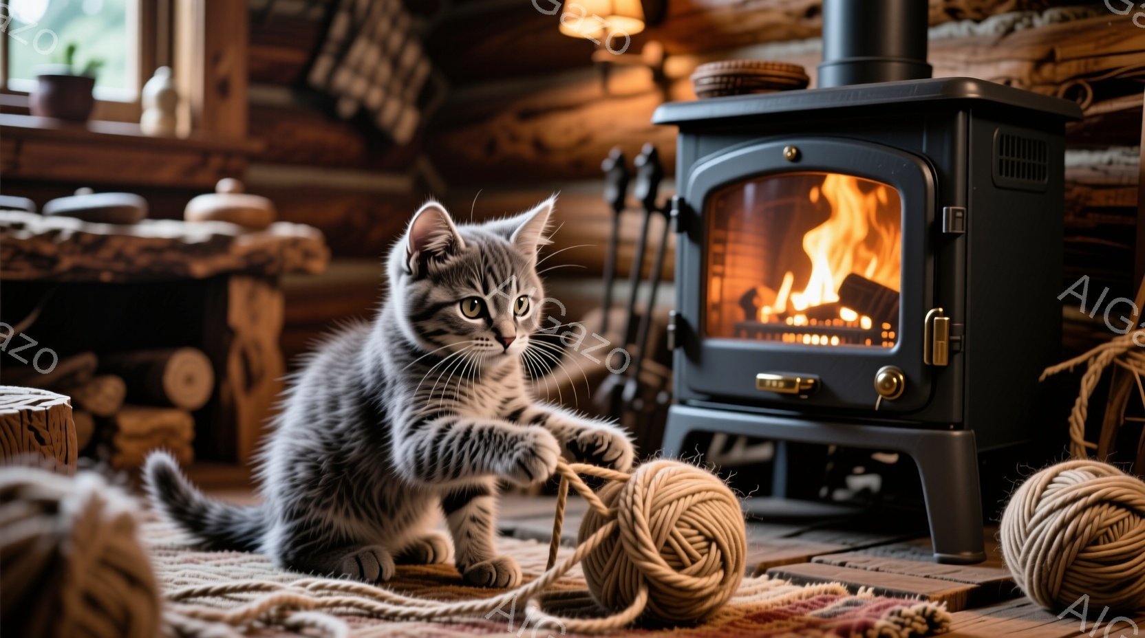 縞模様の小さな子猫が、毛糸玉と戯れている様子が描かれている。暖炉のそばで、好奇心旺盛な表情で前足を伸ばし、毛糸玉を捕まえようとしている。背景には木の壁と暖炉があり、温かく居心地の良い雰囲気が漂っている - AI生成フリー素材