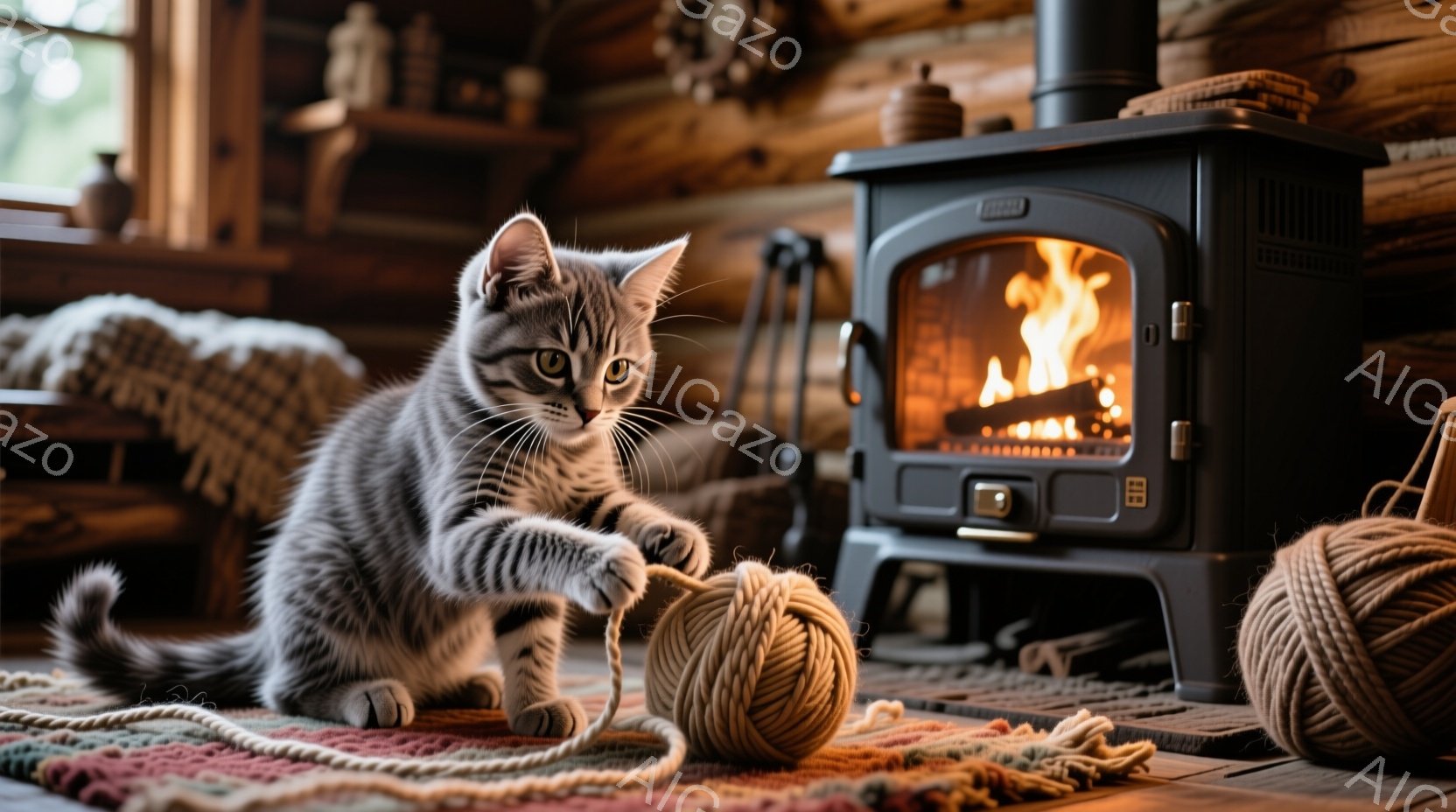 縞模様の小さな子猫が、カラフルなラグの上に置かれた毛糸玉と戯れている。背景には、暖炉があり、炎が暖かく灯っているため、部屋全体が温かい雰囲気で満たされている。木製の壁や家具が、居心地の良い、田舎風の空 - AI生成フリー素材