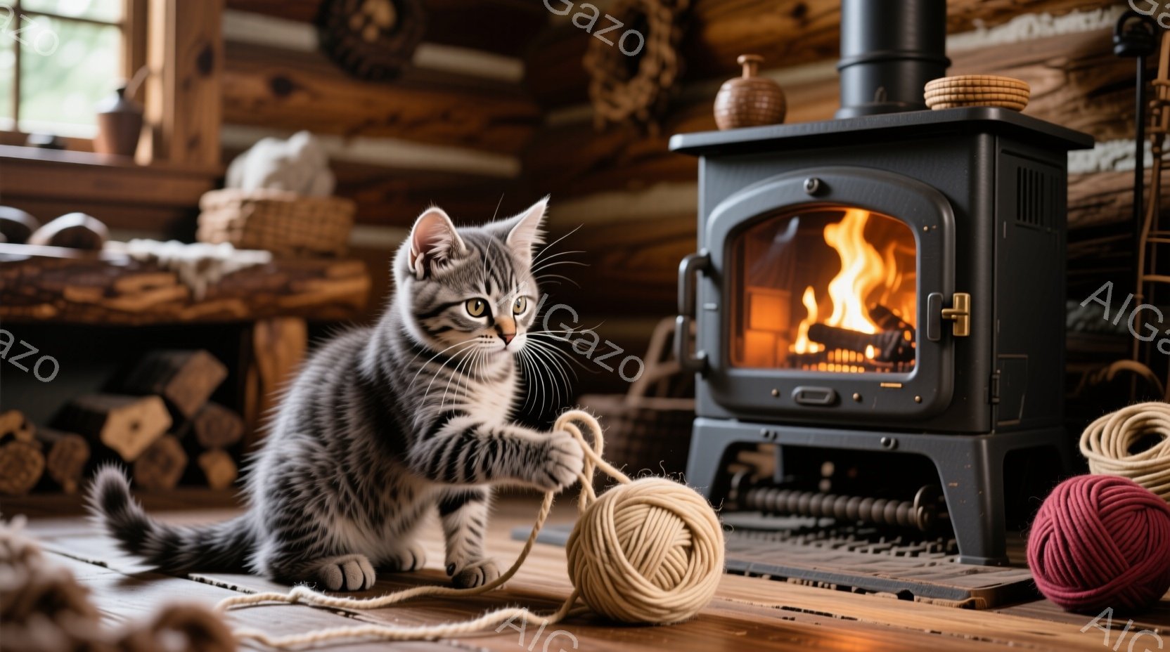 縞模様の小さな子猫が、木の床の上で毛糸玉と戯れている様子が写っている。暖炉が背景にあり、炎が暖かく輝き、部屋全体を穏やかな雰囲気で満たしている。木製の壁と家具が、素朴で居心地の良い空間を演出している。 - AI生成フリー素材
