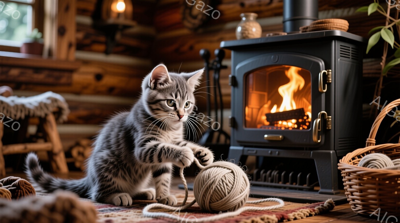縞模様の小さな子猫が、カラフルな毛糸玉を前足で軽く叩いて遊んでいます。背景には暖炉があり、炎が燃え盛り、温かく居心地の良い雰囲気を醸し出しています。木製の壁や床、籐で編まれたバスケットが暖炉の周りを飾 - AI生成フリー素材
