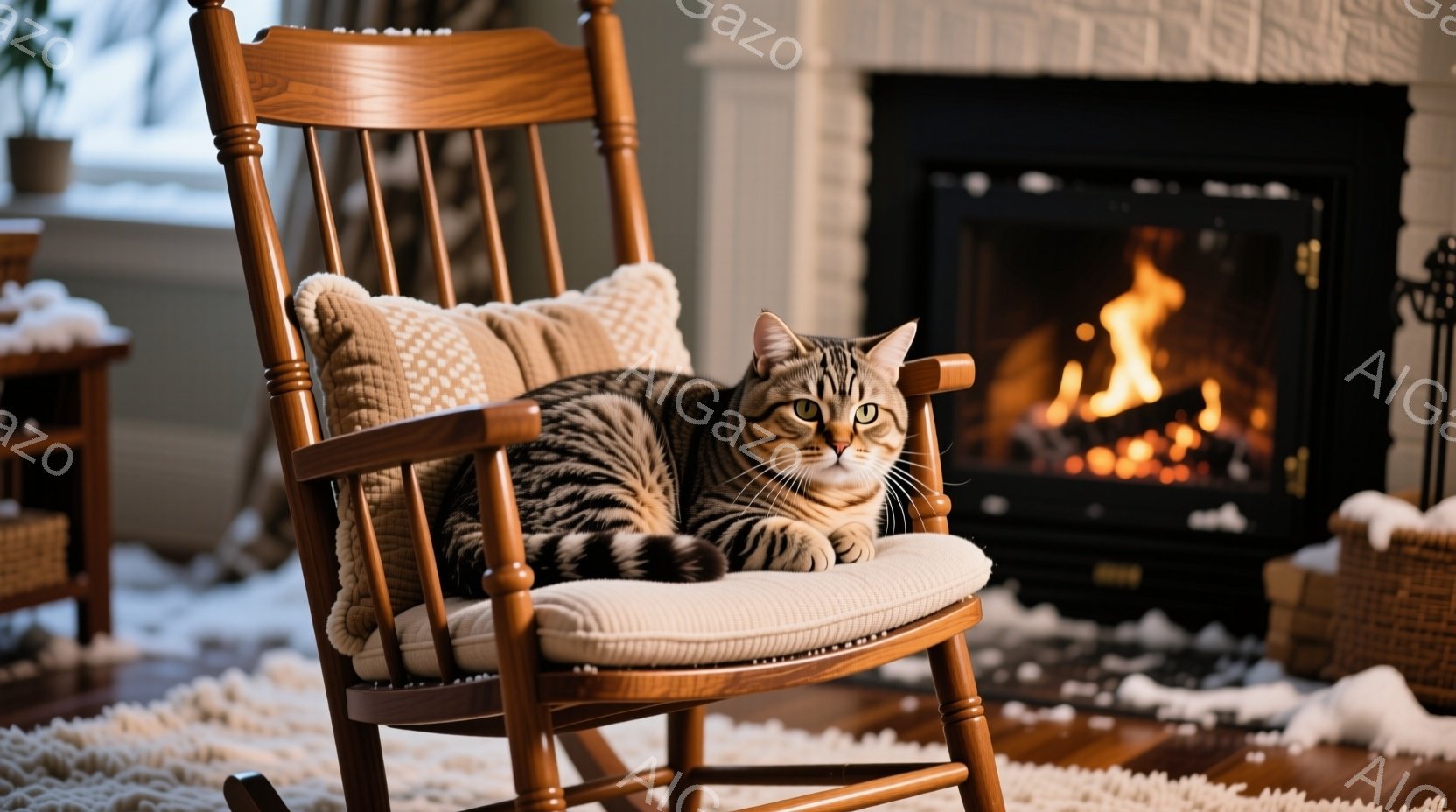 明るい室内で、縞模様の猫が揺り椅子にゆったりと横たわっています。椅子にはベージュ色のクッションが置かれ、猫はリラックスした表情で正面を見つめています。背景には暖炉があり、炎が燃え盛り、部屋全体に暖かな雰囲気が広がっています。