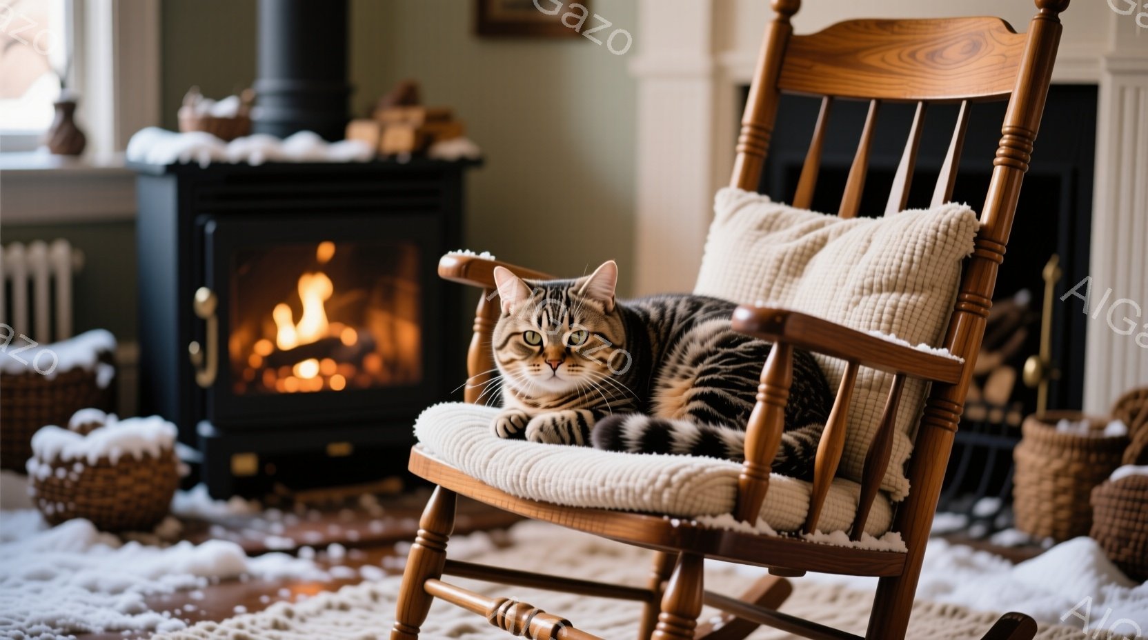 明るい縞模様の猫が、毛皮のようなクッションが置かれたロッキングチェアにゆったりと横たわっている。暖炉が背景にあり、部屋全体を暖かく照らし、周囲には雪の装飾が散りばめられている。全体的に、リラックスした - AI生成フリー素材