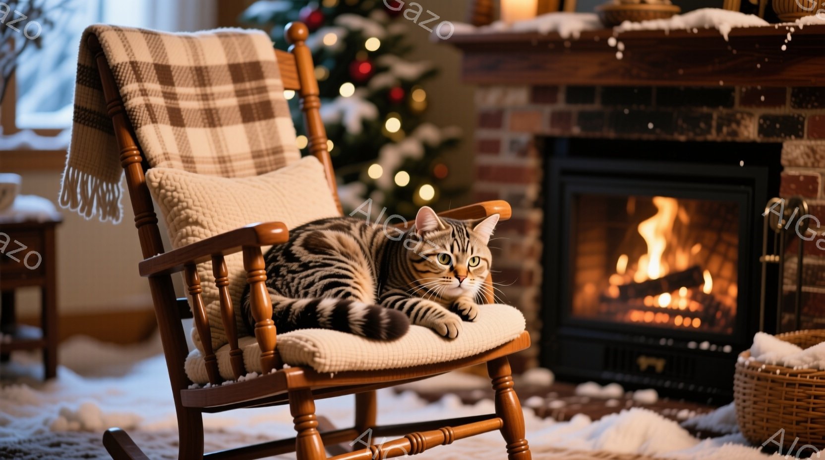 縞模様の猫が、クリーム色のクッションが敷かれたロッキングチェアにゆったりと横たわっています。背景には、暖炉の火が燃え、クリスマスツリーがぼんやりと見え、部屋全体が温かく穏やかな雰囲気に包まれています。 - AI生成フリー素材