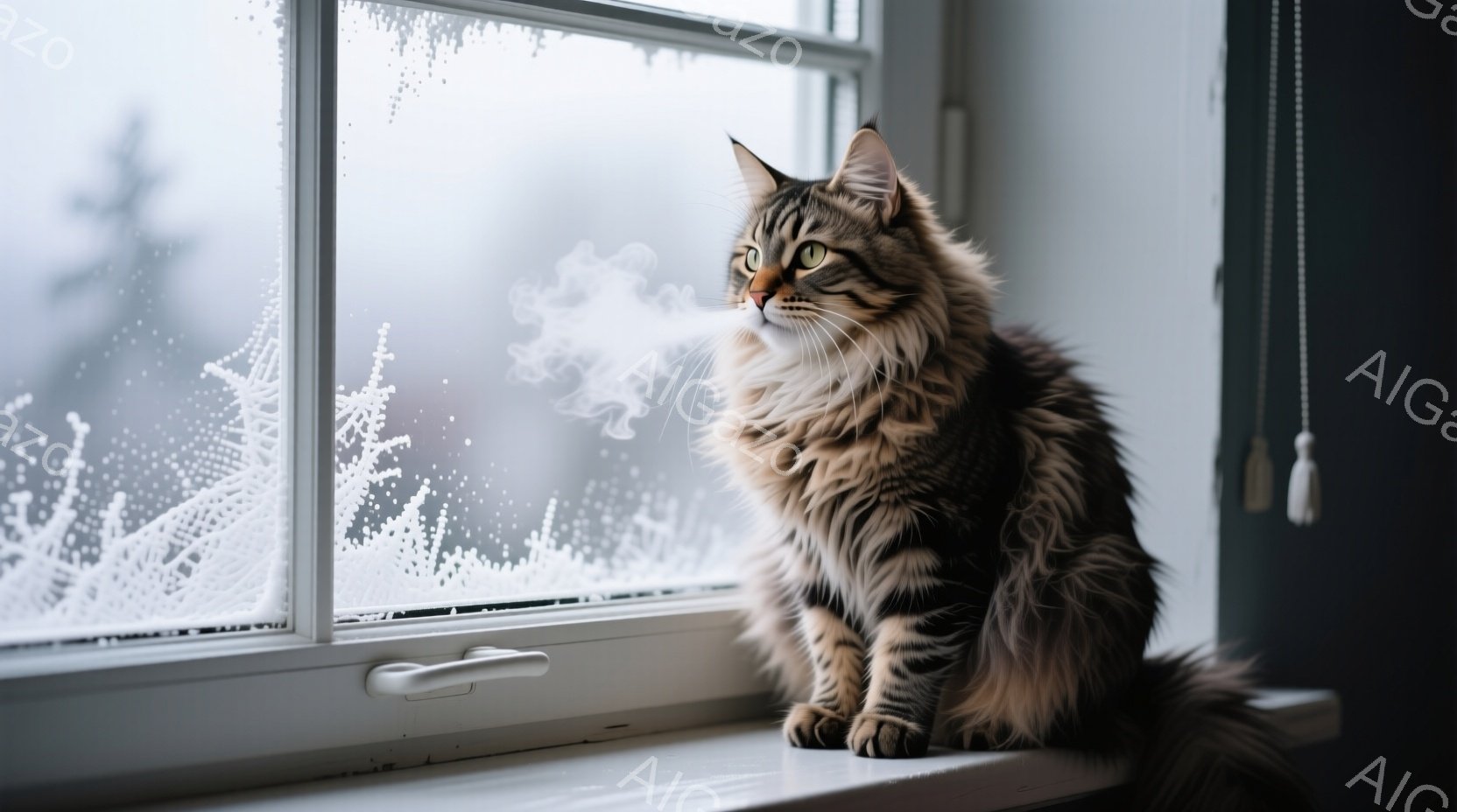 長毛の灰色の猫が窓枠に座り、口から白い息を吐き出している。窓の外は雪景色で、霜が窓ガラスに模様を描いている。冷たい冬の日の、静かで落ち着いた雰囲気が漂っている。 - AI生成フリー素材