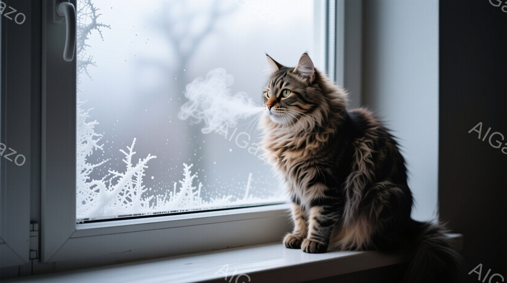 白と茶色のまだら模様の猫が、木材が積み上げられたそばの床で丸まって眠っています。背景には、柔らかい光を放つランプがあり、温かく心地よい雰囲気を醸し出しています。木材の自然な色合いと猫の愛らしい姿が、リ - AI生成フリー素材