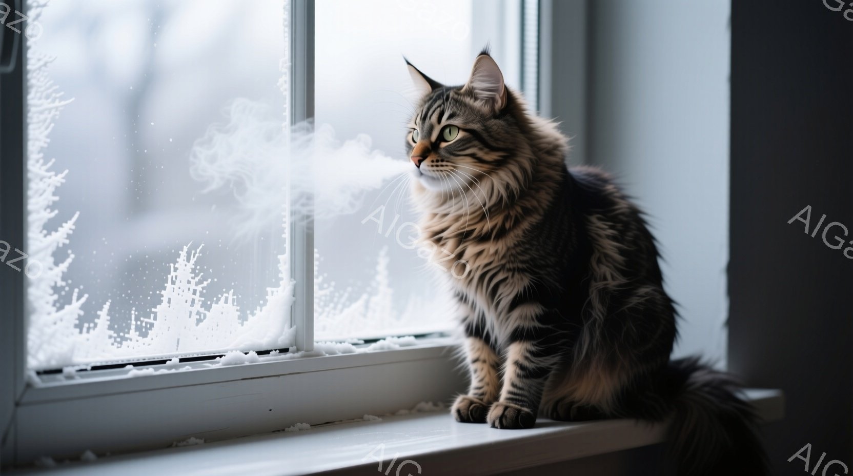 長毛の猫が窓辺に座り、外の雪景色を見つめている。窓には霜がおり、猫の息遣いが湯気となって見える様子から、寒い冬の日の光景がうかがえる。猫は落ち着いた表情で、その長い毛並みが美しく、穏やかな雰囲気を醸し - AI生成フリー素材