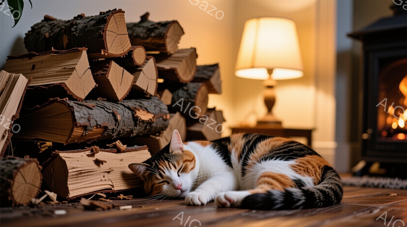 暖炉のそばに薪が積み上げられ、その近くで三毛猫が丸まって眠っている。猫は白を基調とした体に、茶色と黒の模様があり、リラックスした様子で目を閉じている。背景には、温かい光を放つランプと暖炉の炎が見え、居 - AI生成フリー素材