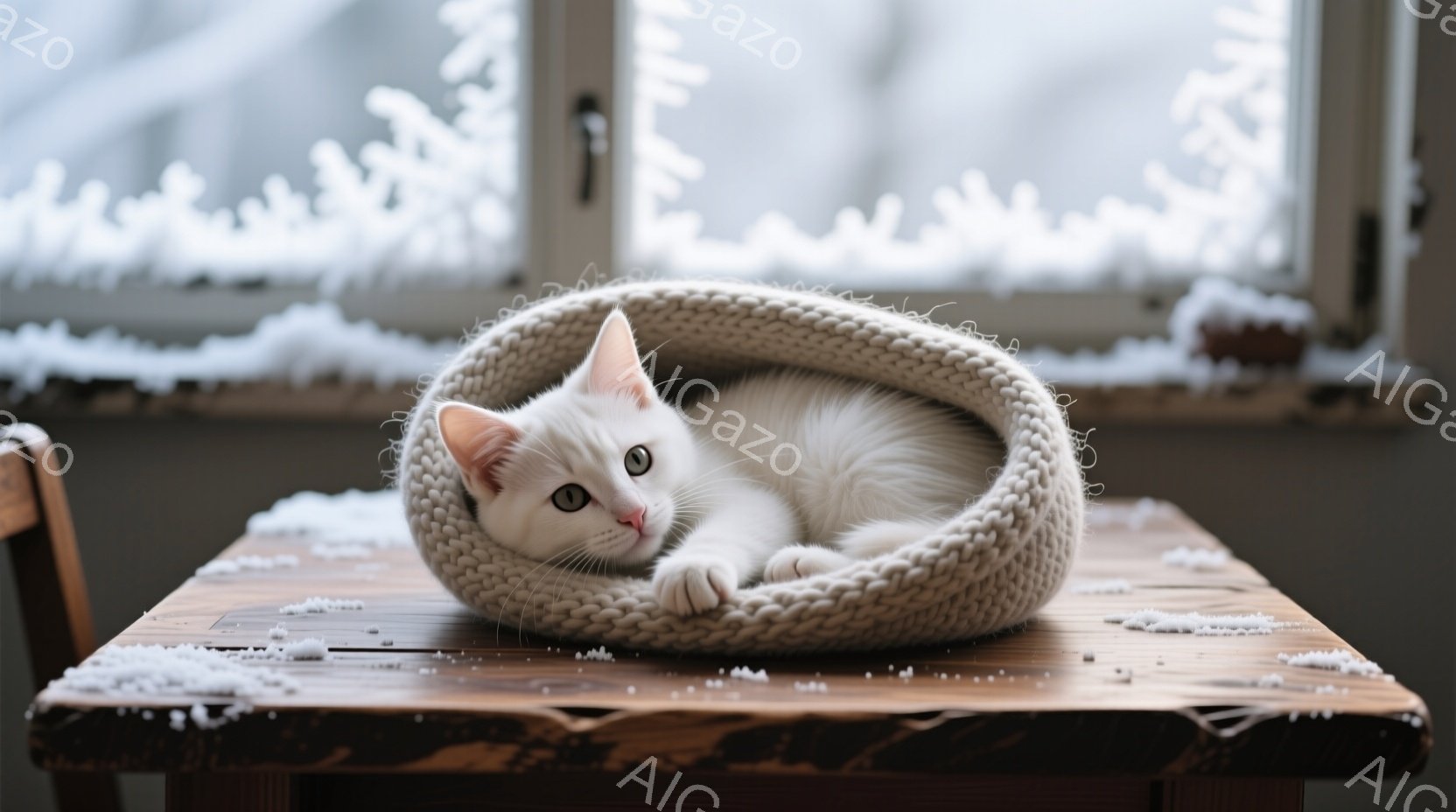 白い猫が、ざっくり編まれた灰色のベッドに丸まって横たわっています。猫は前足を伸ばし、少しだけ顔を出してカメラを見ており、その目は緑色で、リラックスした様子が伺えます。背景には雪が降る窓が見え、木製のテ - AI生成フリー素材