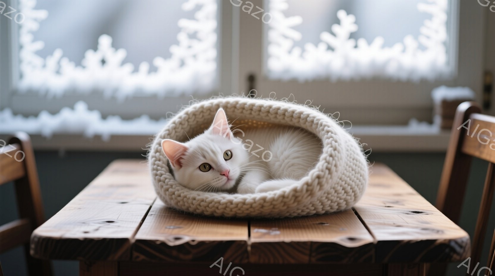 白い猫が、編み物の円いベッドに丸まって横たわっています。猫はリラックスした表情で、少しだけこちらを見ています。木製のテーブルの上に置かれたベッドと、ぼやけた背景の窓が、暖かく穏やかな雰囲気を醸し出して - AI生成フリー素材