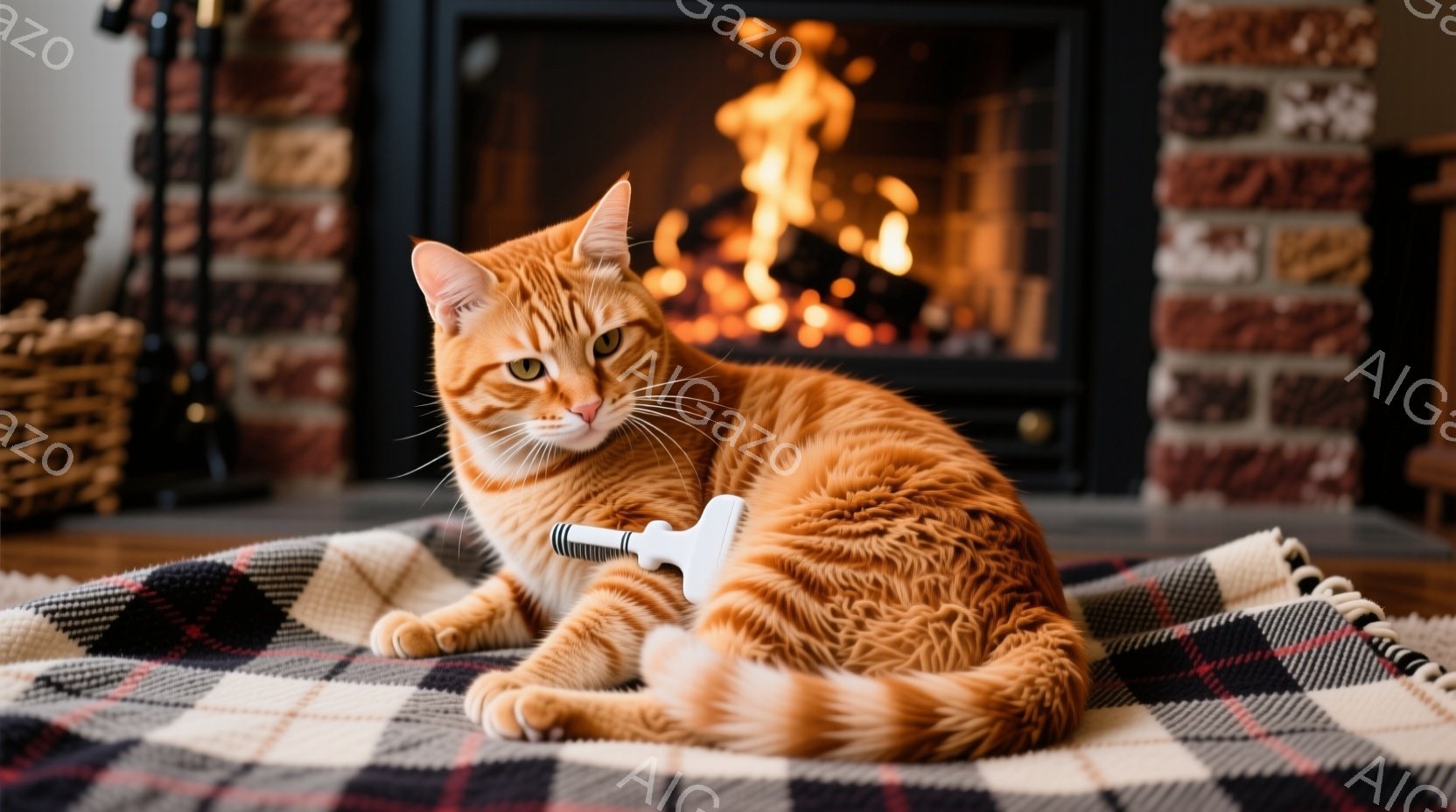オレンジ色のトラ猫が、チェック柄の毛布の上でリラックスして横たわっています。猫の近くには、猫用のブラシが置かれており、まるでブラッシングを終えたばかりの様子です。背景にはレンガ造りの暖炉があり、炎が燃 - AI生成フリー素材