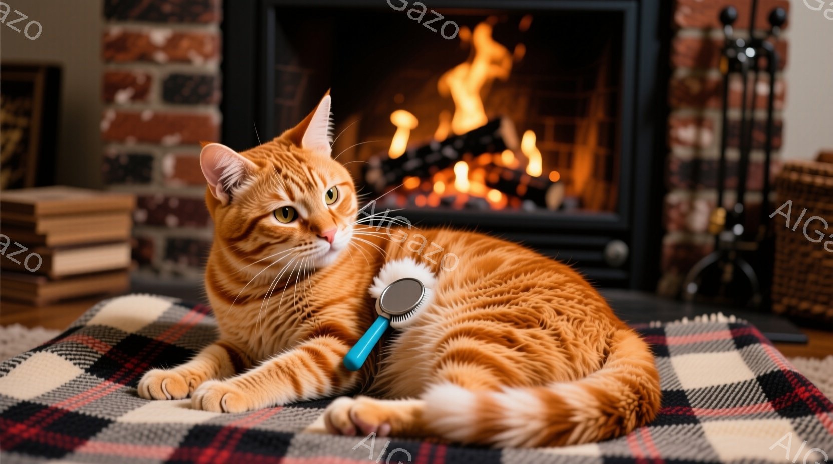 オレンジ色の毛並みの猫が、チェック柄のブランケットの上に横たわっています。猫の近くにはペット用のブラシが置かれており、リラックスした表情でこちらを見ています。背景にはレンガ造りの暖炉があり、火が燃えており、温かく居心地の良い雰囲気を醸し出しています。