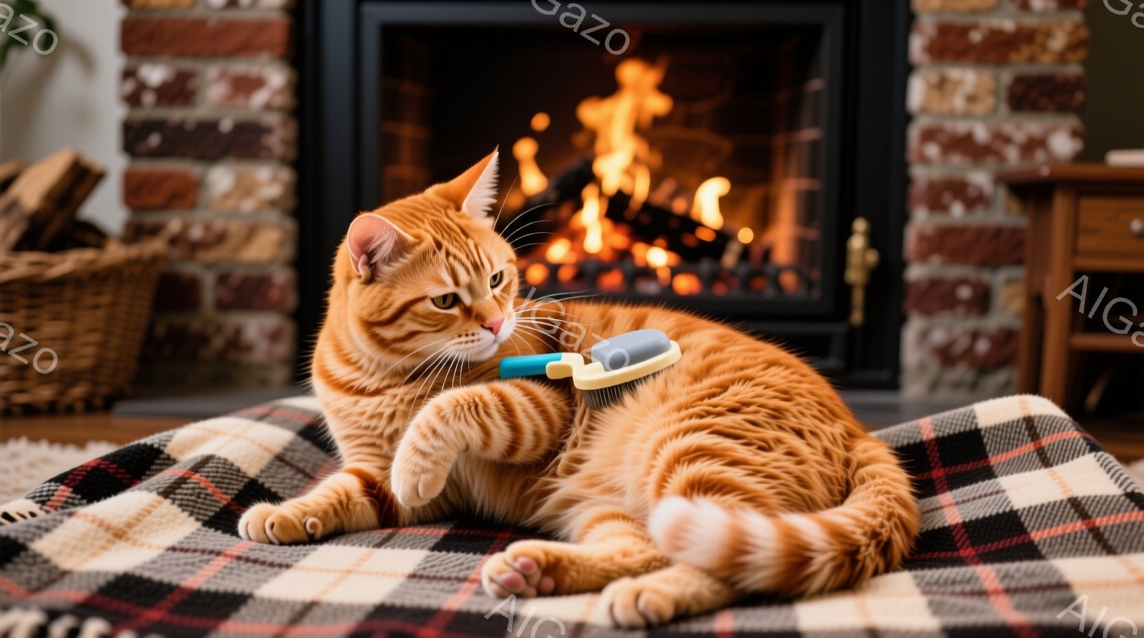 オレンジ色の毛並みの猫が、チェック柄の毛布の上でリラックスして横たわっています。片方の前足には猫用のブラシが置かれ、穏やかな表情でこちらを見つめています。背景には暖炉があり、炎が燃え盛る様子が猫の安ら - AI生成フリー素材