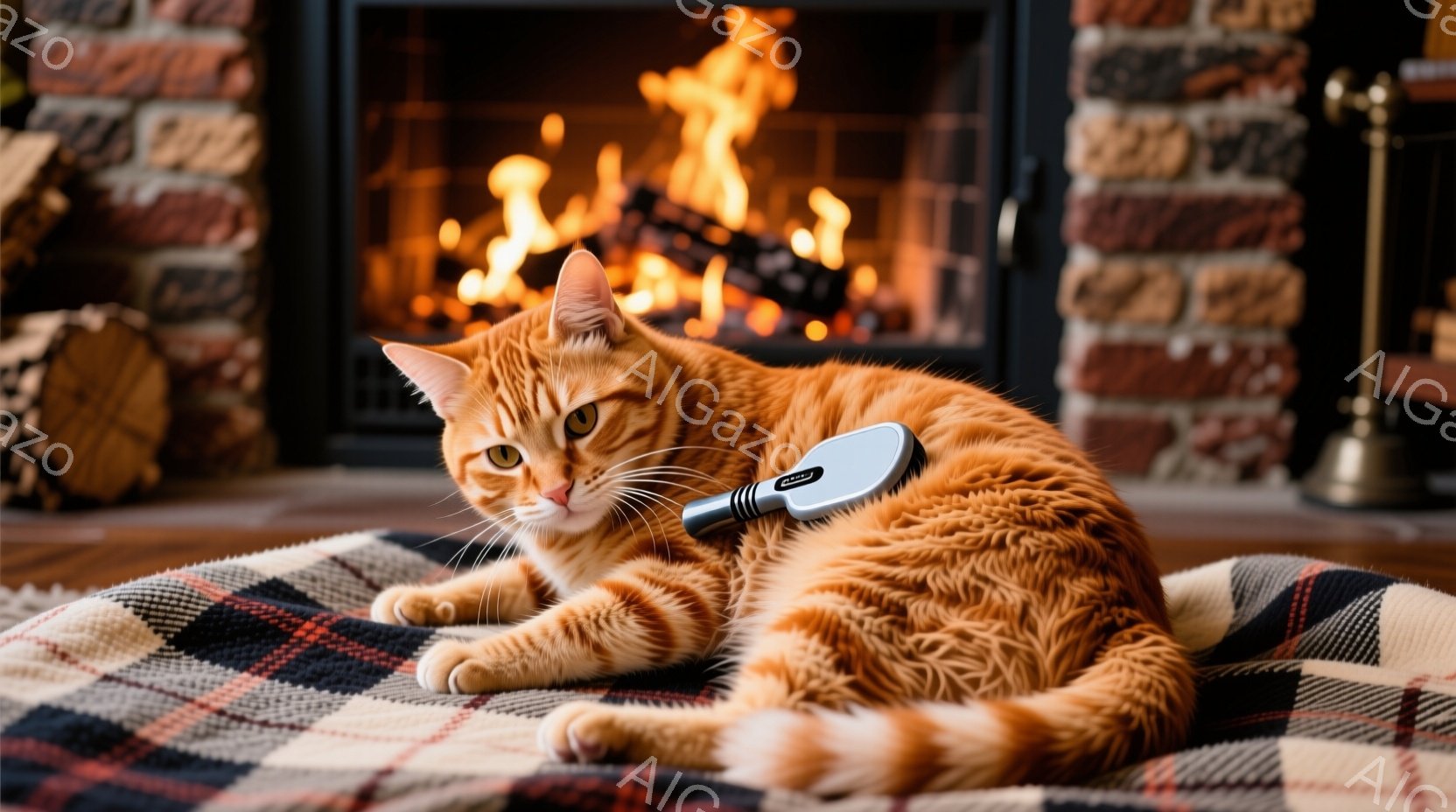 鮮やかなオレンジ色の猫が、チェック柄の毛布の上に横たわっています。その猫の背中には、小型の白いデバイスが取り付けられており、まるで何かの測定をしているようです。背景にはレンガ造りの暖炉があり、炎が燃え盛っているのが見え、温かく居心地の良い雰囲気を醸し出しています。