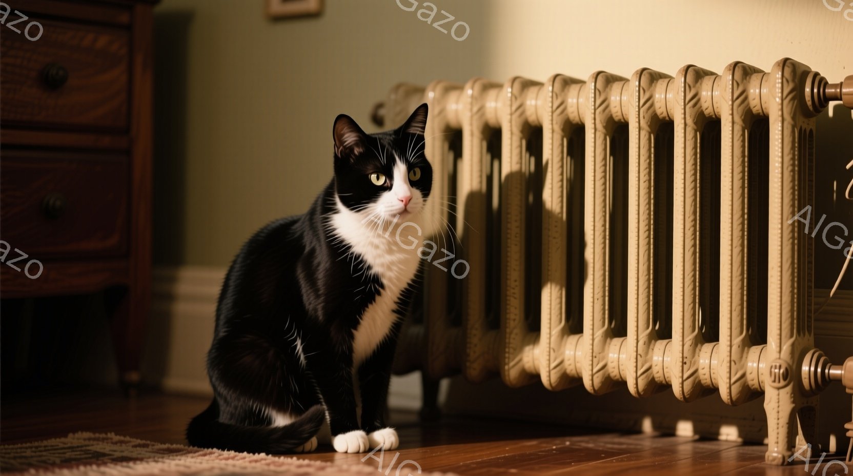 白と黒の猫が、古風なラジエーターの横に座っています。猫は正面を見ており、少し警戒したような表情をしています。背景には木製のキャビネットが見え、床は磨かれた木製で、全体的に暖かく、落ち着いた雰囲気です。