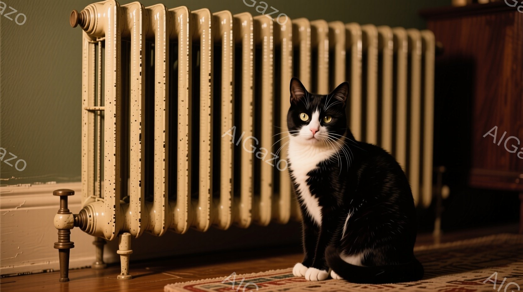 白と黒の猫が、古風なクリーム色のラジエーターの前に座って正面を見ています。猫はリラックスした姿勢で、落ち着いた表情を浮かべています。背景には木製の家具と赤い模様の敷物が確認でき、暖かく落ち着いた室内空間が演出されています。