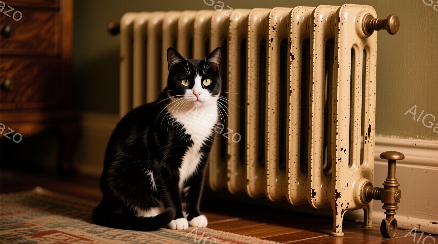 白と黒の猫が、古びたクリーム色のラジエーターのそばに座っています。猫は正面を見ており、緑色の瞳が印象的です。背景には木製の家具と絨毯が見え、暖かく落ち着いた雰囲気が漂っています。