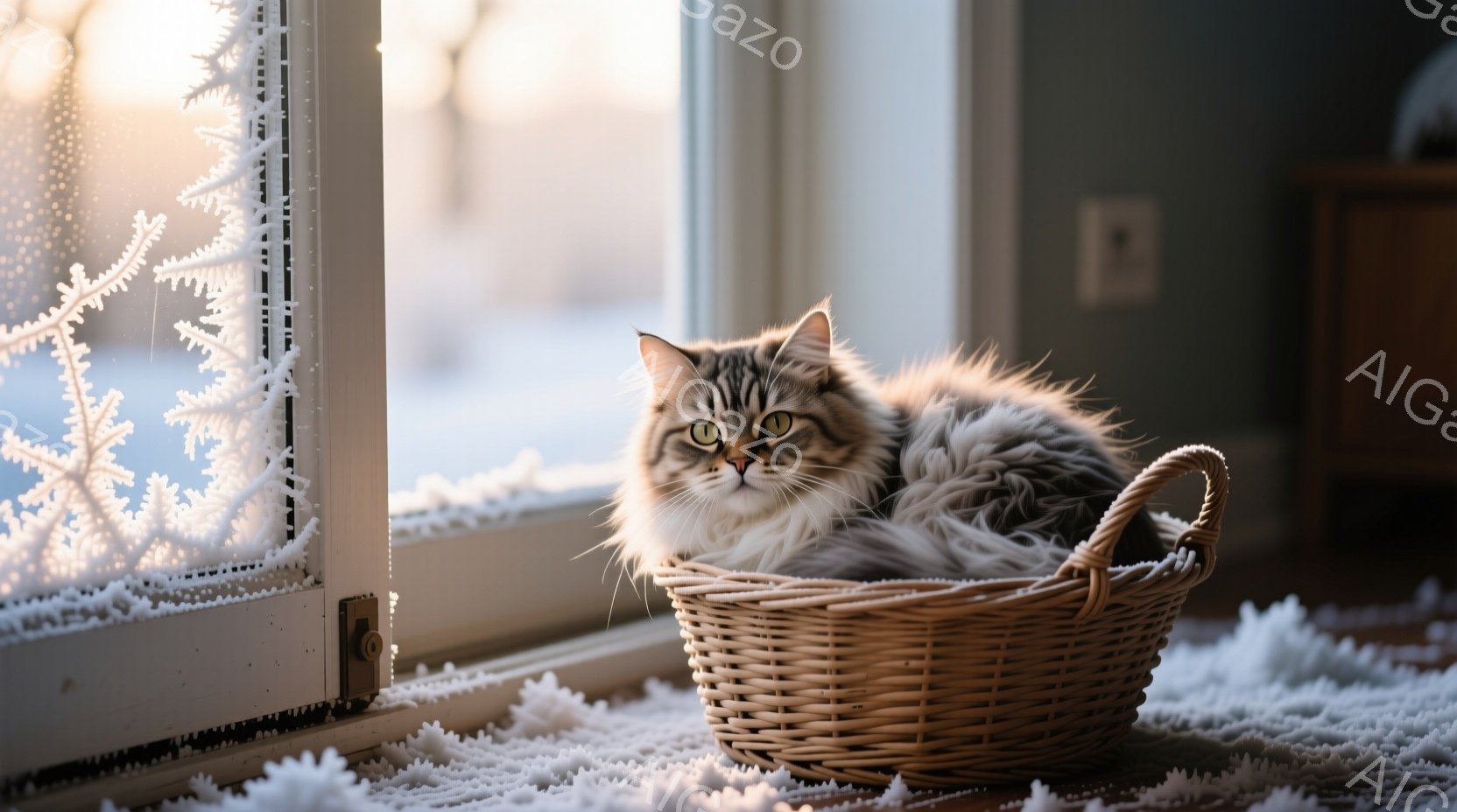 白い霜で覆われた窓のそばに、編みかごに入った灰色の毛並みの猫がいます。猫はリラックスした様子で、穏やかな表情でこちらを見ています。背景には、雪景色が広がり、暖かく穏やかな冬の雰囲気が漂っています。