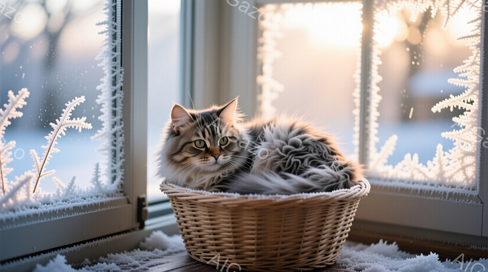窓辺に置かれた編みバスケットに、ふさふさとした毛並みの灰色の猫が丸まって座っています。外は雪景色で、窓ガラスには美しい氷の結晶が描かれており、冬の静かで穏やかな雰囲気が漂っています。猫は少し眠たげな表 - AI生成フリー素材