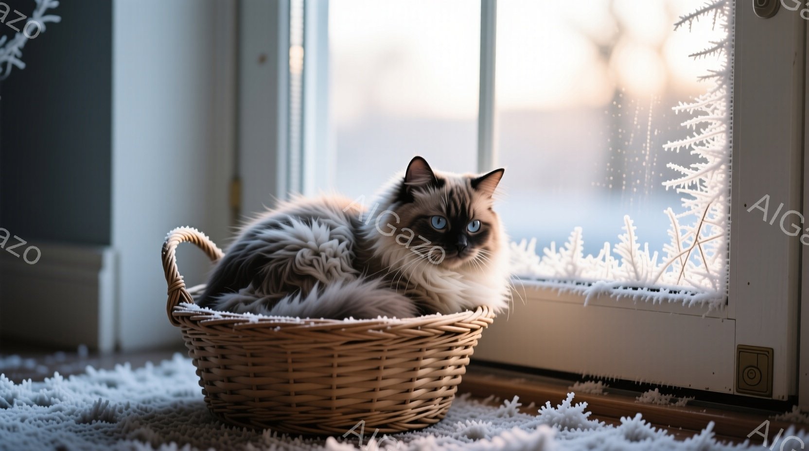 ふわふわとした毛並みのライラック色の猫が、編まれたバスケットの中に丸まって座っています。窓の外には雪の結晶のような模様が描かれており、冬の穏やかな雰囲気を醸し出しています。室内には柔らかい光が差し込み - AI生成フリー素材