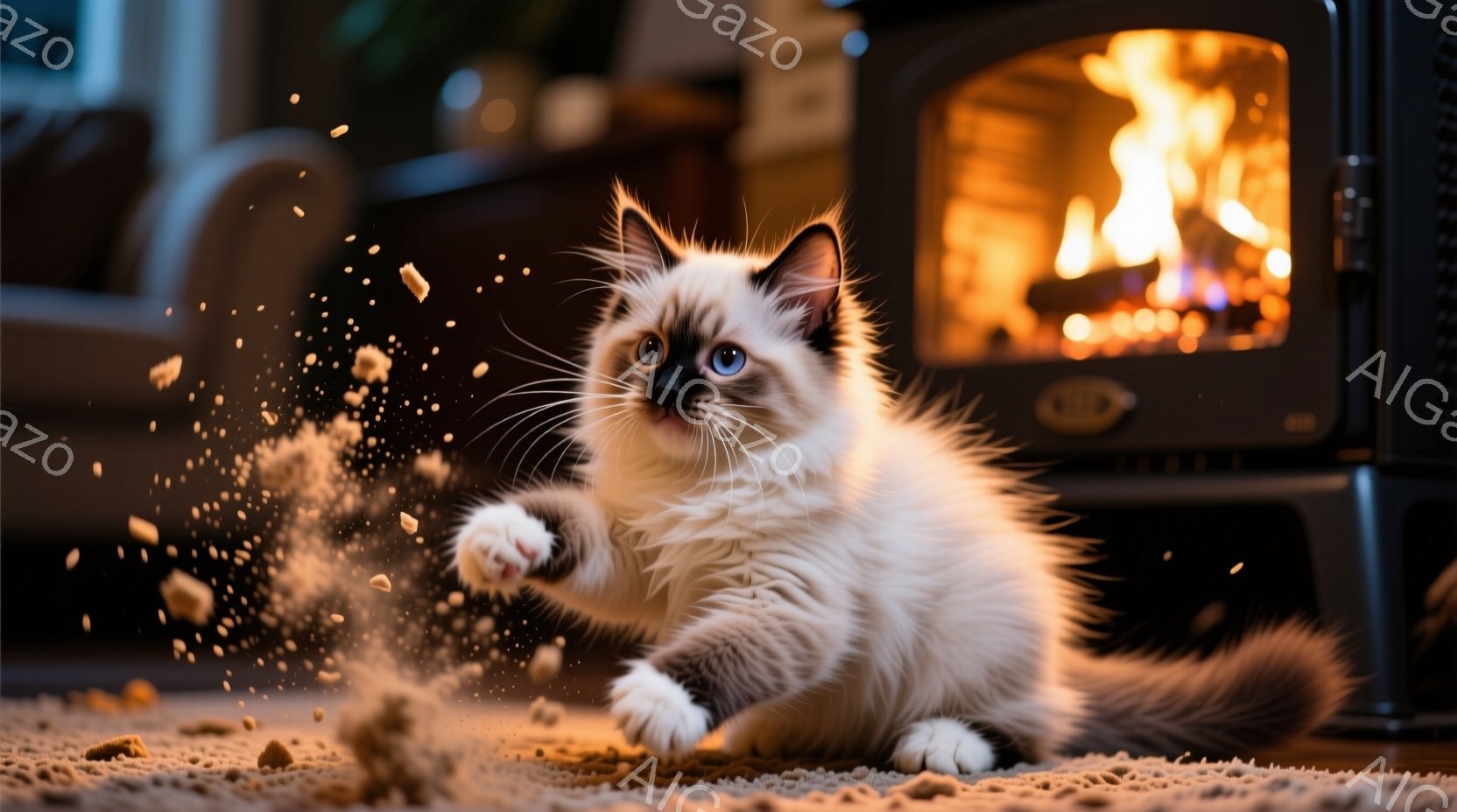 白とクリーム色の毛並みを持つ、美しいシャムミックスの猫が、茶色の敷物の上で飛び跳ねています。猫は前足を高く上げ、遊び心に満ちた表情で、周囲に小さな餌の破片が舞っています。背景には暖炉があり、燃え盛る炎が猫の姿を照らし、温かく居心地の良い雰囲気を醸し出しています。