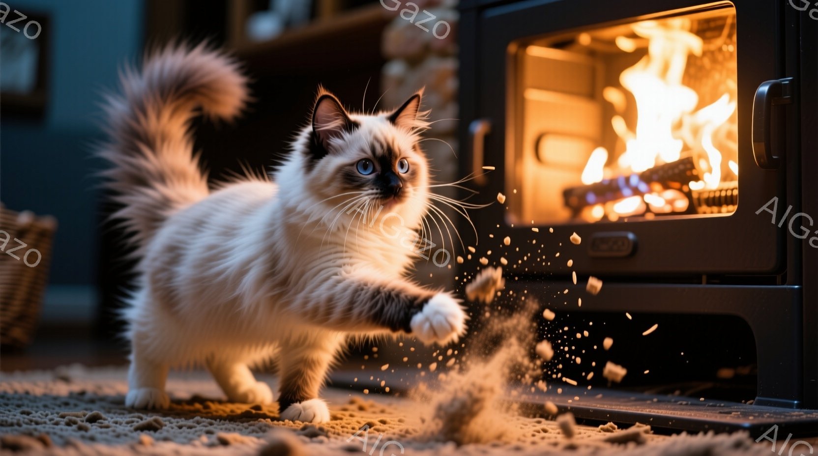 白と黒の美しい長毛猫が、明るい茶色の敷物の上で活発に飛び跳ねている様子が写っている。猫の青い瞳はカメラに向いており、その姿は遊び心に満ち溢れている。背景には黒い暖炉があり、炎が燃え盛っているため、暖か - AI生成フリー素材
