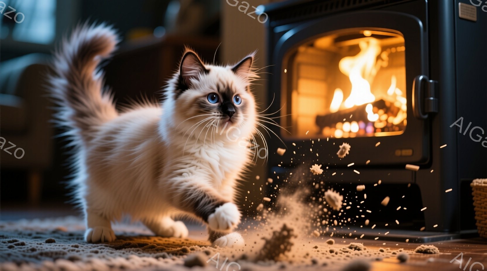 白と茶色の毛並みの美しい猫が、部屋の床で飛び跳ねて遊んでいる様子が写っている。背景には暖炉があり、炎が燃え盛って暖かさを感じさせる。全体的に、猫の活発な動きと暖炉の温かさが相まって、居心地の良い雰囲気 - AI生成フリー素材