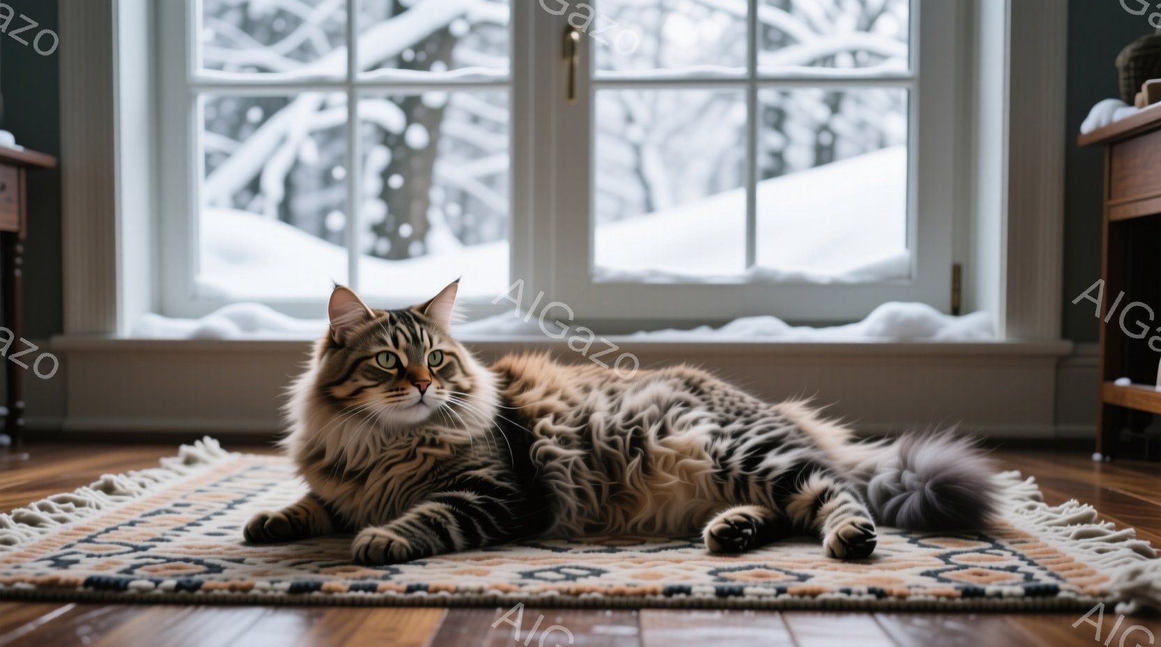 長い毛並みの縞模様の猫が、幾何学模様の敷物の上に横たわっています。猫はカメラの方を見ており、わずかに警戒した表情を浮かべています。背景には雪景色が広がる窓があり、室内の温かさと屋外の寒さが対照的です。 - AI生成フリー素材