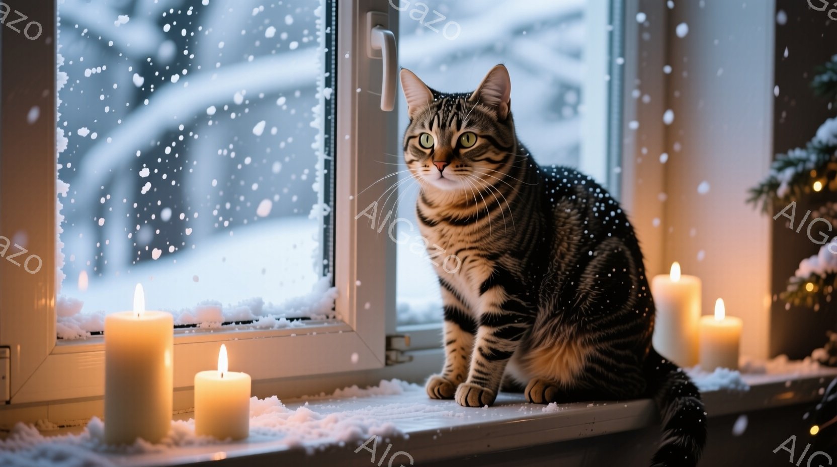 縞模様の猫が雪が降る窓辺に座り、こちらを見ています。窓の外は雪景色で、室内には白いキャンドルが数本置かれ、暖かく静かな雰囲気を醸し出しています。雪は窓枠にも積もり、冬の静寂と猫の穏やかな表情が印象的で - AI生成フリー素材