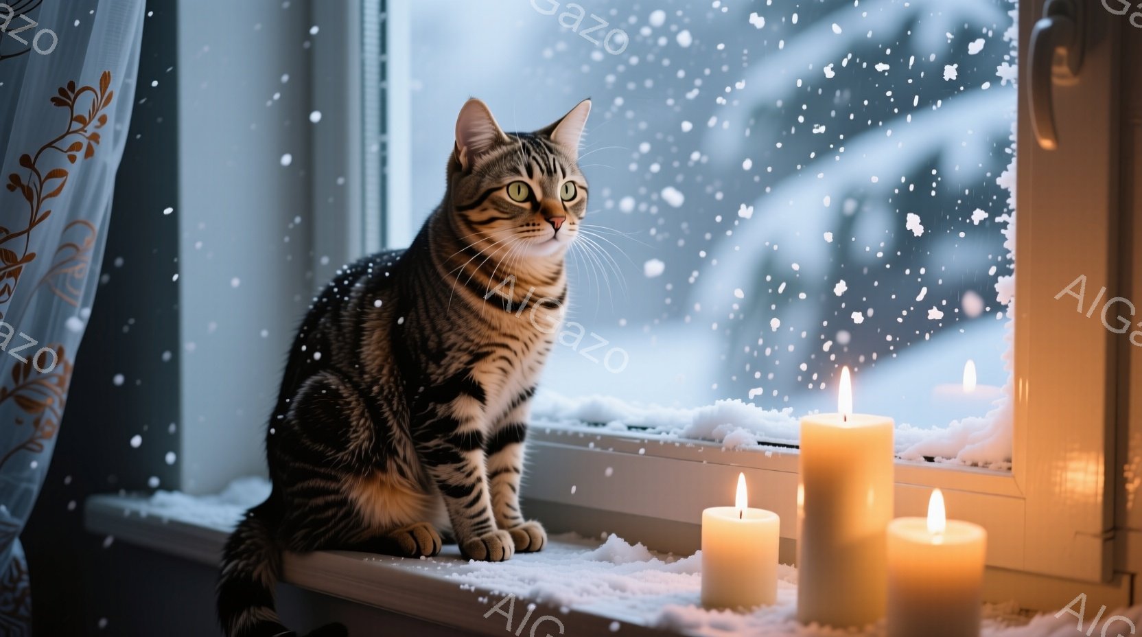 縞模様の猫が窓辺に座り、外の雪景色を眺めている。窓枠には雪が積もり、室内には点灯したキャンドルが暖かく灯り、穏やかで静寂な雰囲気を醸し出している。雪は激しく降り積もり、背景は白く覆われ、猫はまるで冬の - AI生成フリー素材